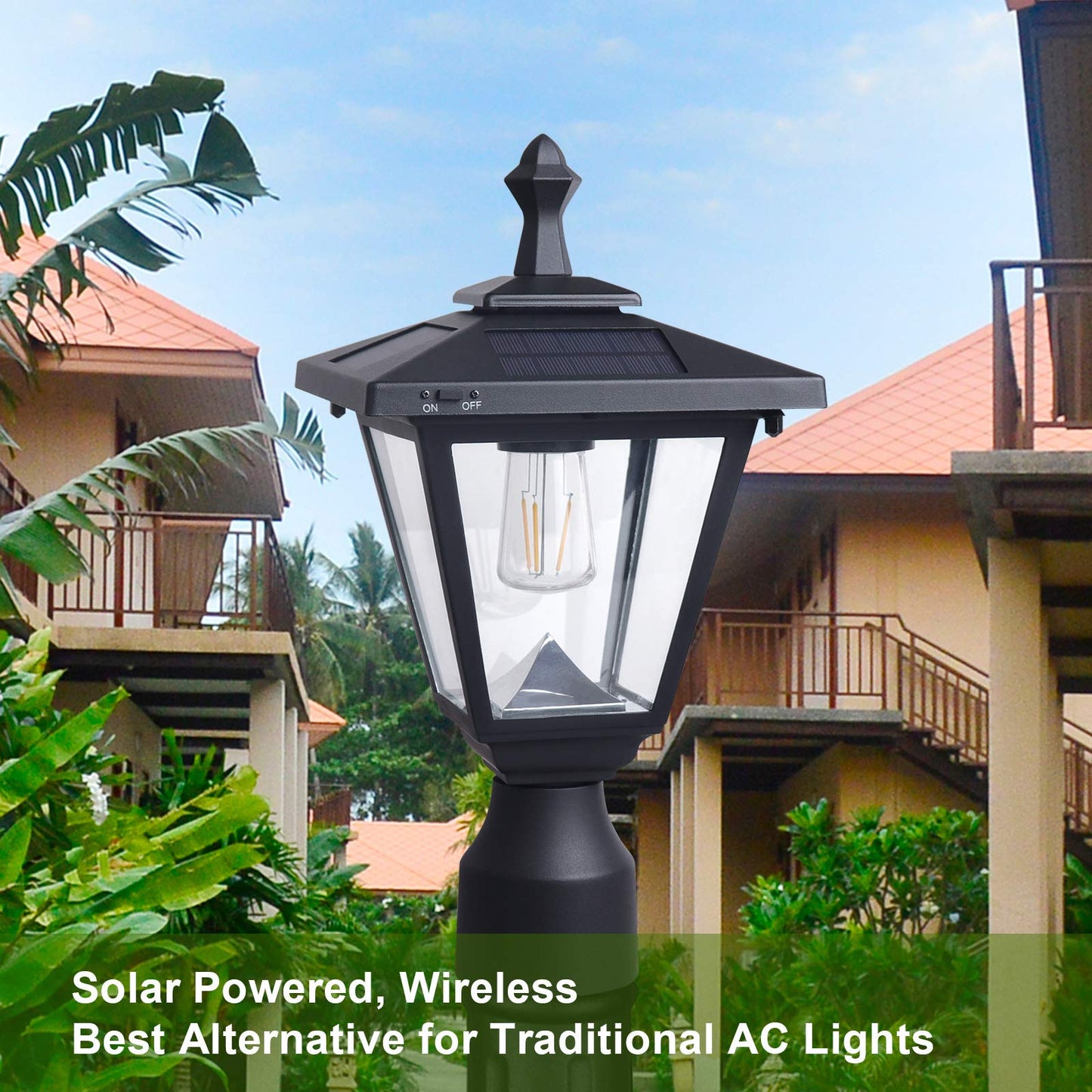 KMC LIGHTING ST4330Q-A Solar Post Lights Outdoor Die-cast Aluminum Solar Lamp Post Light Waterprooff LED Pillar Lights with Real Glass for Patio Yard