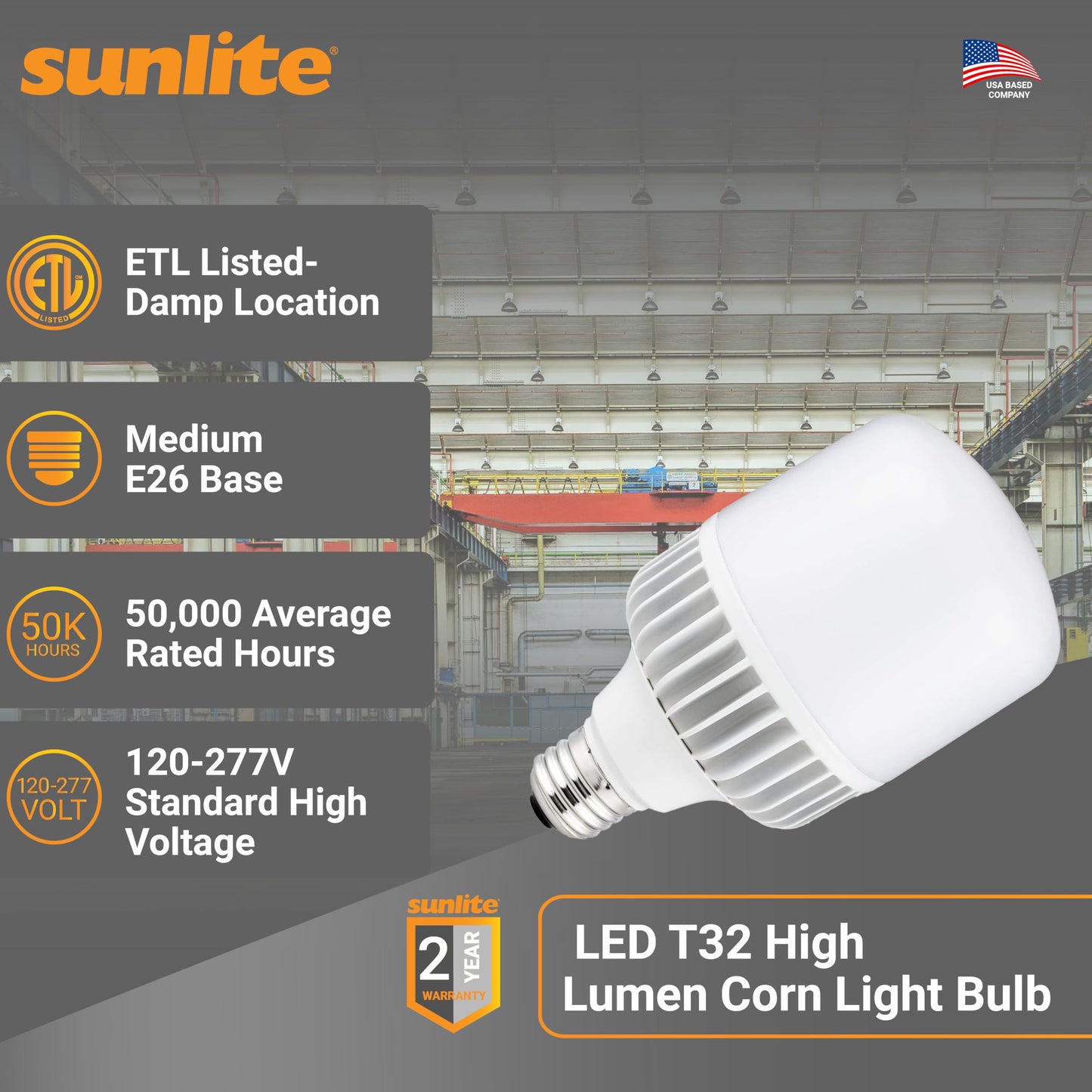 Sunlite LED T32 High Lumen Corn Light Bulb, 20 Watts (225W Equivalent), 2600 Lumens, Medium E26 Base, 120-277 Multi Volt, Non-Dimmable, 5000K