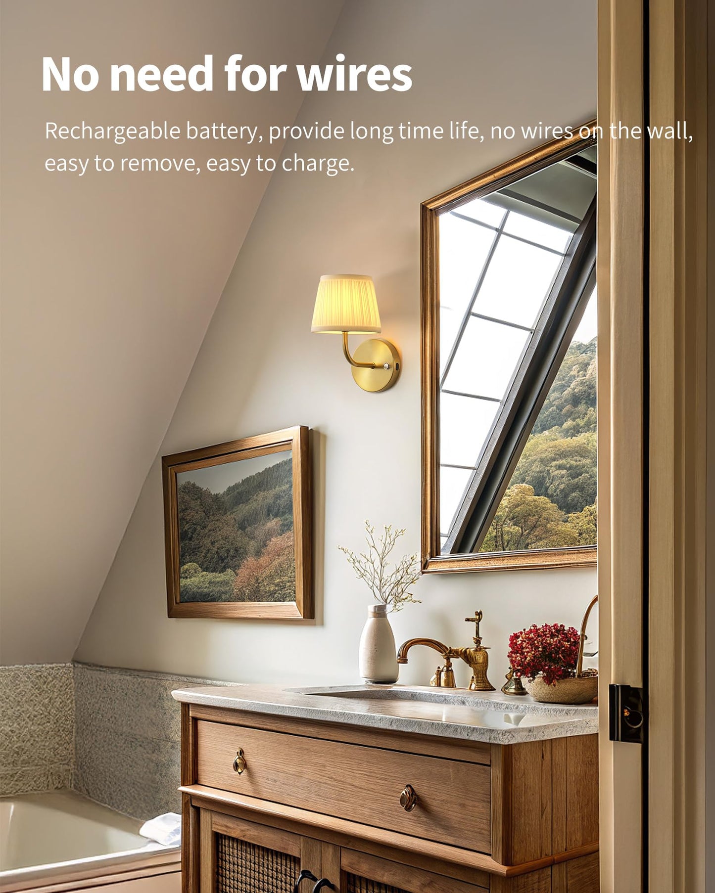 PUSU LED Cordless Gold H9.6 inch Small Wall Sconces Set of 2, Rechargeable 5200mAh Battery Operated Fabric Wall Lamp with Remote, Lighting for Living