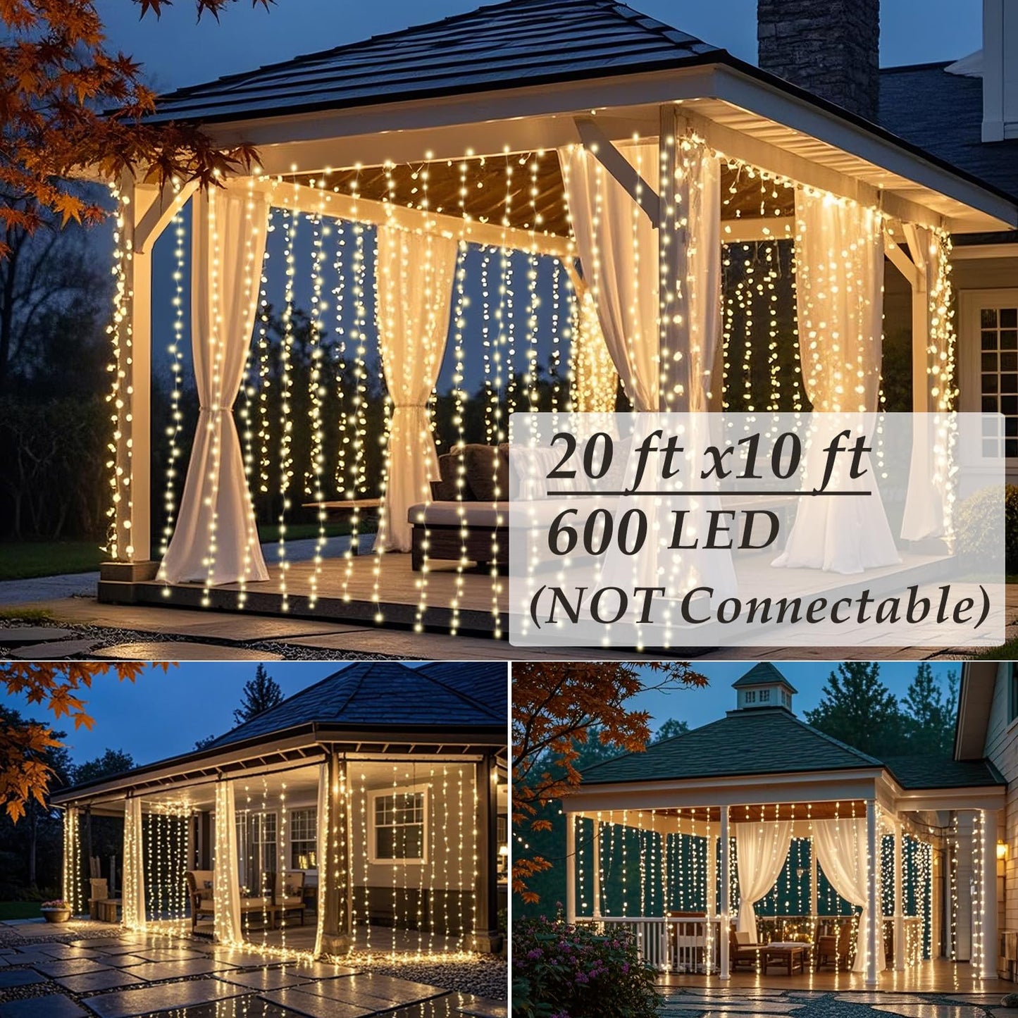 Solhice LED Curtain Lights Outdoor 20ft x10ft, 600 LED Plug in Hanging String Lights Indoor Bedroom, Twinkle Light Backdrop for Outside Wedding Decor