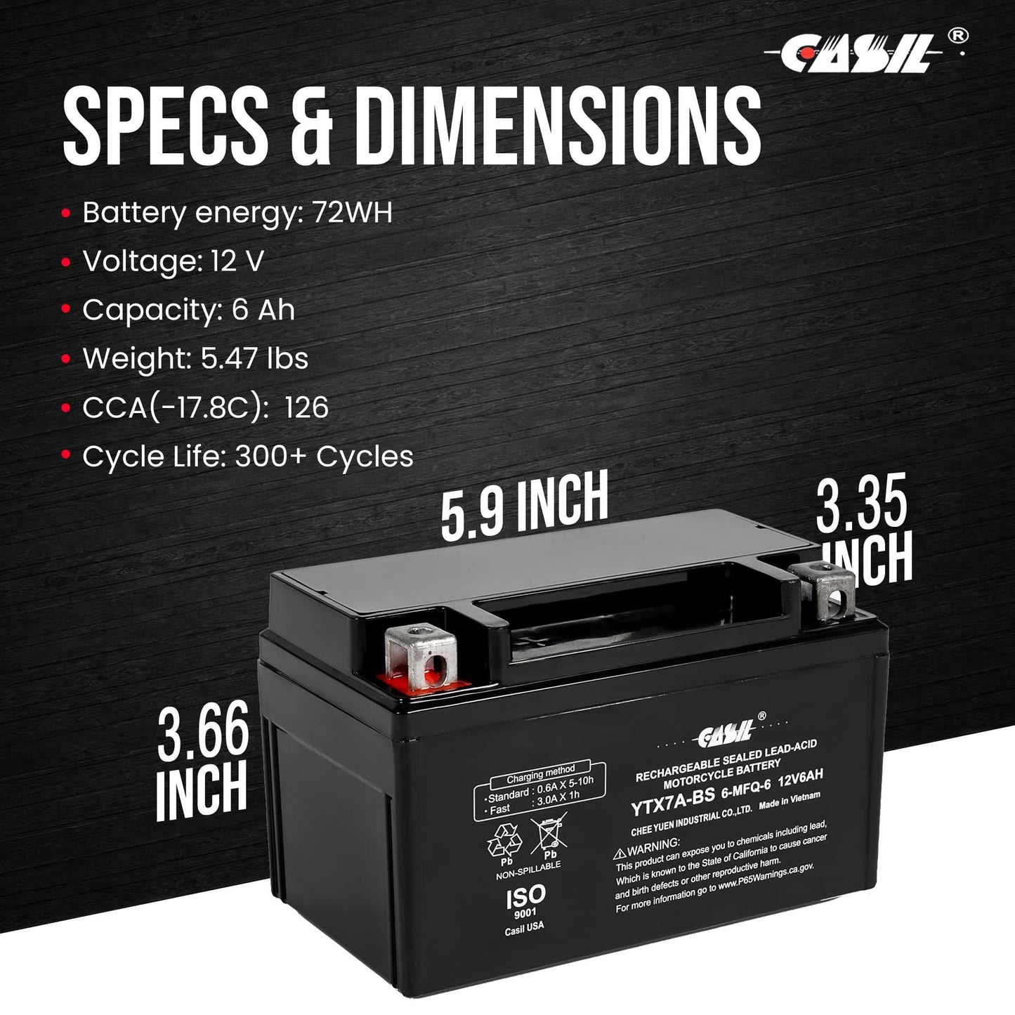 YTX7A-BS Battery 12V 6AH 105 CCA High Performance AGM SLA Power Sport Battery by Casil Battery
