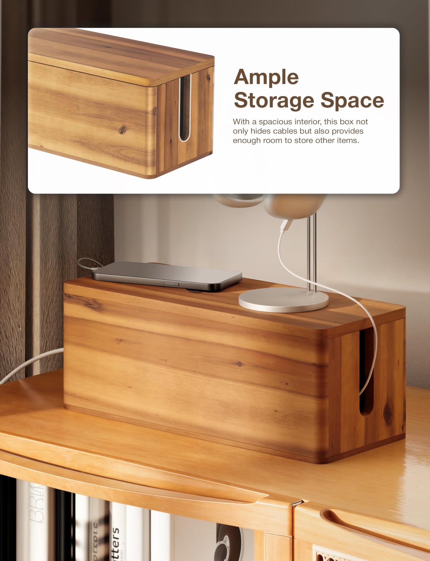 TIDITA Acacia Wood Cable Management Box Round Edge - 16" L Wooden Cable Organizer Box for Electrical Hiding Cord Management - Power Strip Hider Cable