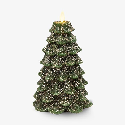 Luminara Christmas Tree Flameless LED Candle, Dark Green 5.35" x 8.5", Moving Flame Battery Operated Timer, Holiday Decor, Glitter Snow Finish Safe