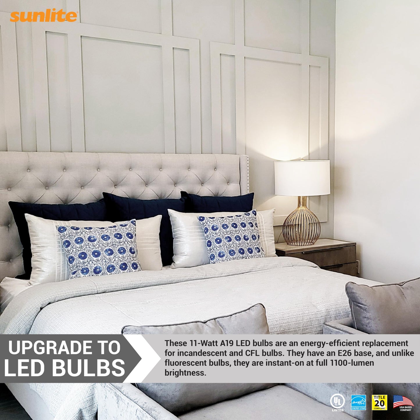 Sunlite LED A19 Light Bulb, 11 Watts (75W Equivalent), 1100 Lmns, 120V, Dimmable, Medium E26 Base, 90 CRI, 230 Degree Beam Angle, UL Listed, Title-20