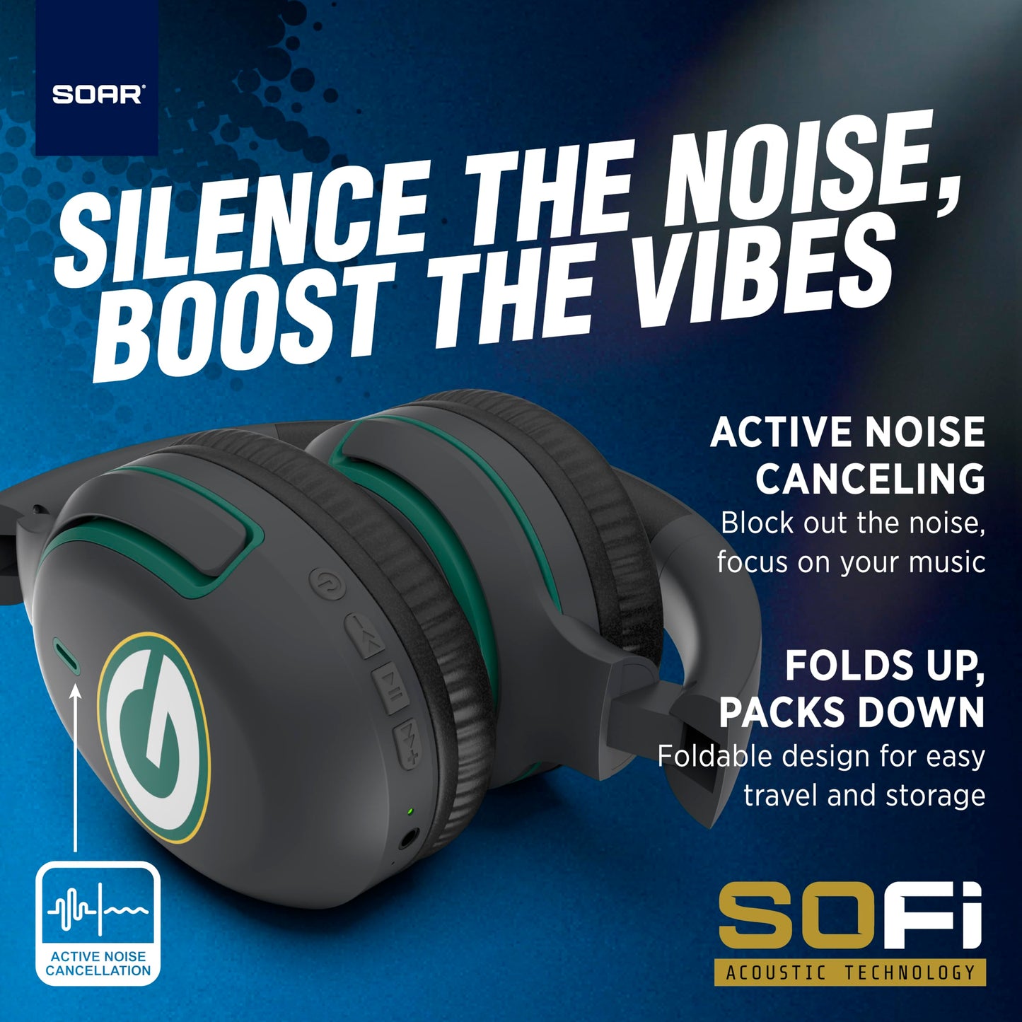 SOAR NBA Active Noise Cancelling Over The Ear Headphones, Golden State Warriors