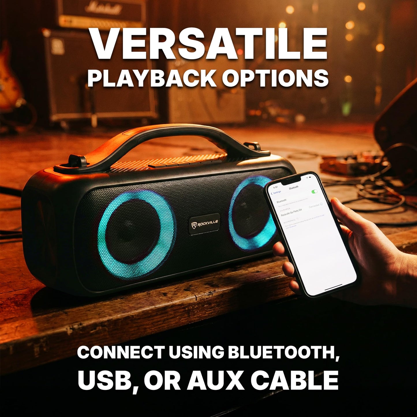 Rockville Go Party D4 30W Portable LED Bluetooth Speaker, Deep Bass, IPX5 Water Resistant, TWS Linking, Long Battery Life, Perfect for Parties