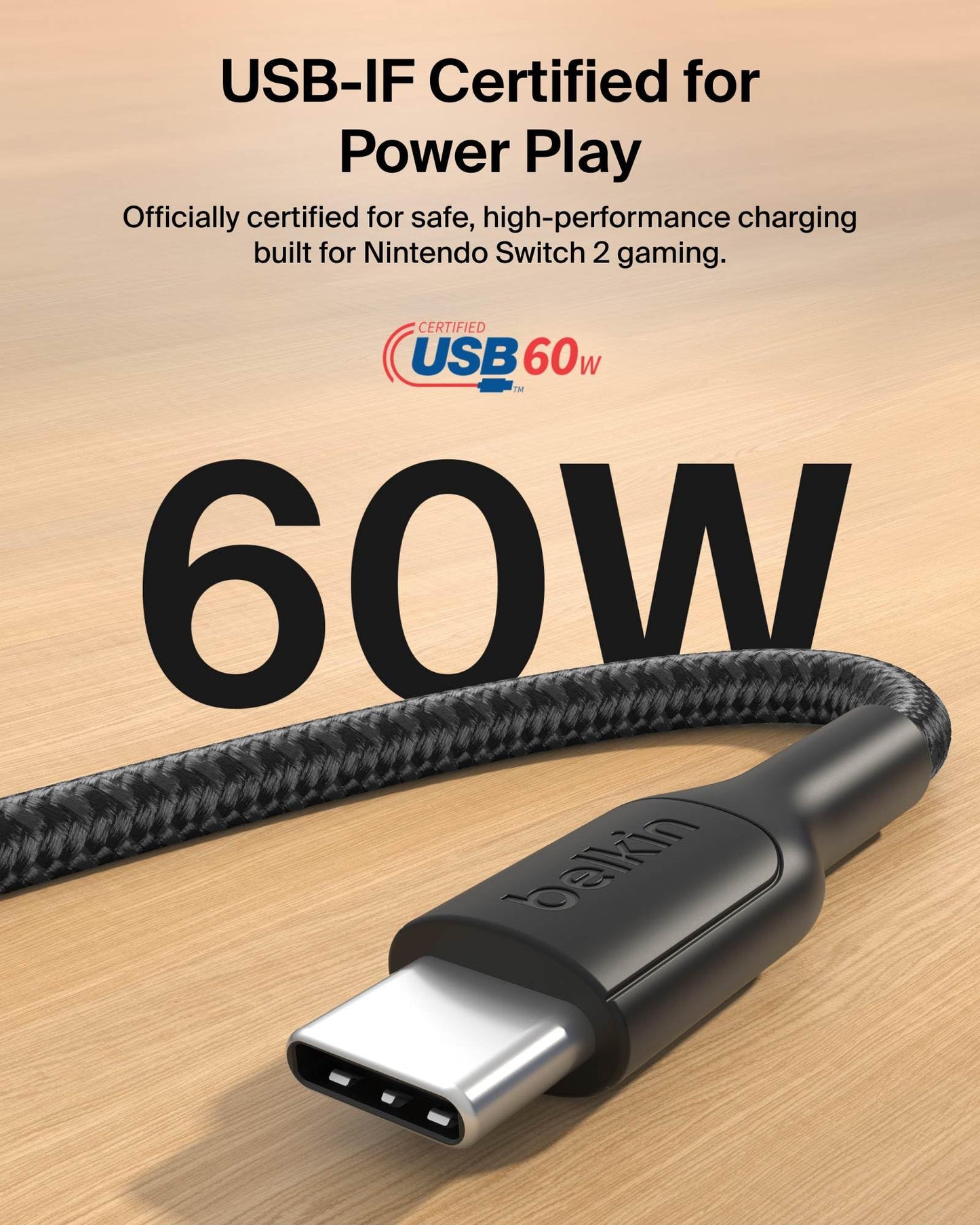 Belkin Gaming USB C to USB C Cable 60W (6.6ft), Braided Type C Charger Fast Charging for Nintendo Switch 2, iPhone 16, iPhone 15, iPad, MacBook Air