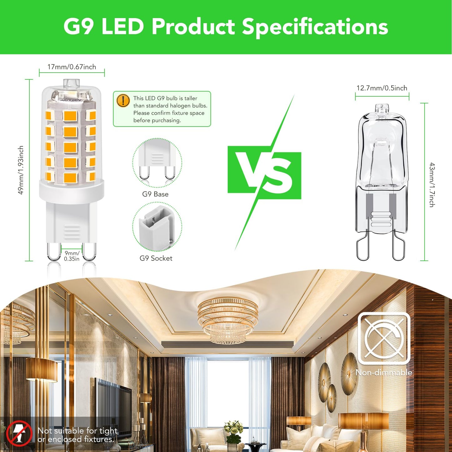 BUBO G9 LED Bulb 2700K Soft White 430 Lumens, 3W Equivalent 40W T4 G9 Halogen Replacement, 360°Beam Angle 120V Non-Dimmable No-Flicker G9 Light Bulbs
