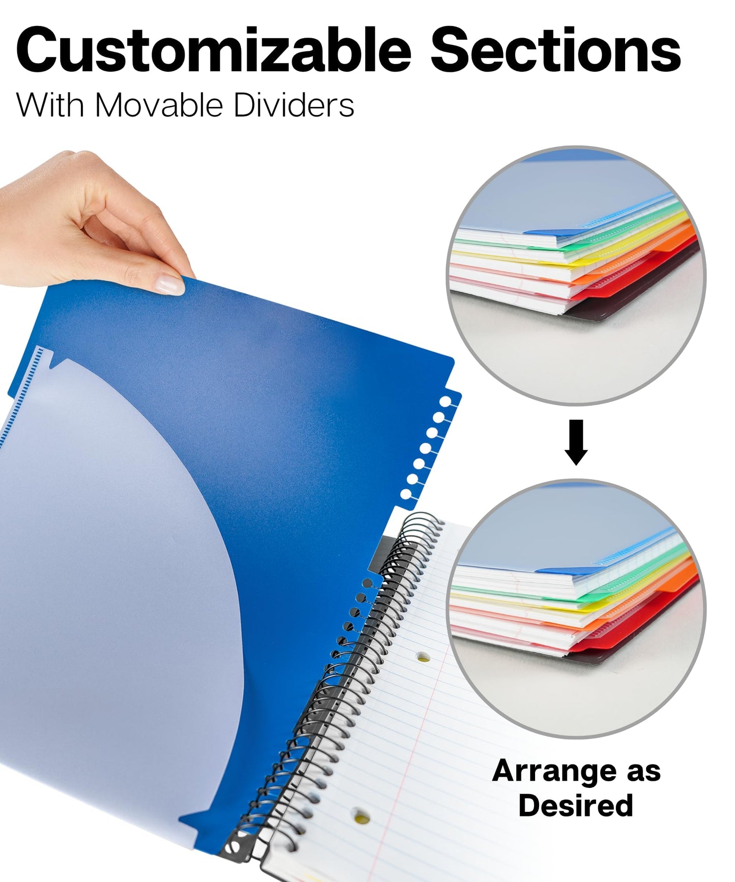 Dunwell 5-Subject Spiral Notebooks, College Ruled (3 Pack), Colorful Movable Pocket Dividers with Tabs, Front/Back Plastic Covers, 200 Sheets (400
