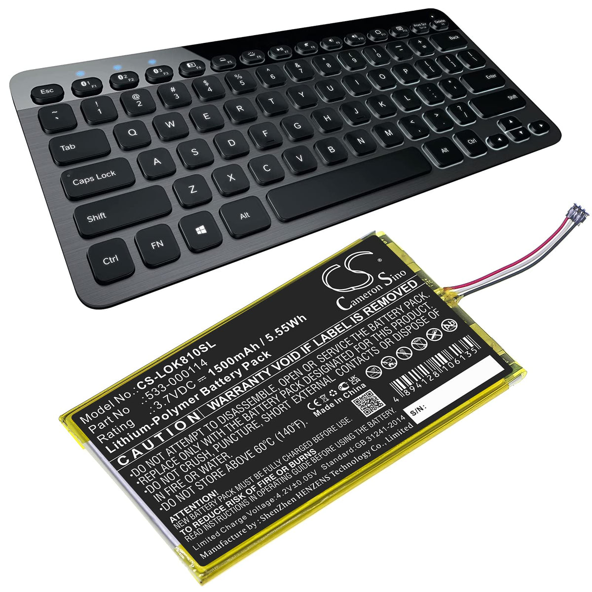 Cameron Sino Battery for Logitech IIIuminated Keyboard K810, K810 PN:Logitech 533-000114 1500mAh / 5.55Wh