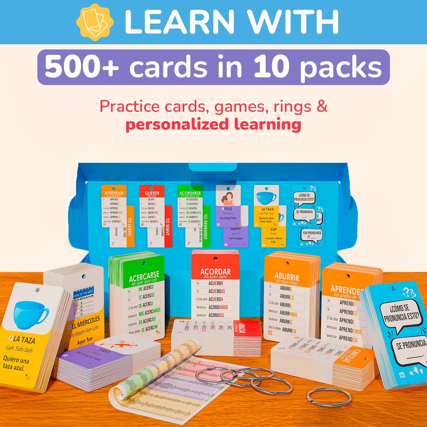 500+ Spanish Vocabulary Flash Cards – Verb Conjugation, Nouns, Adjectives & Phrases for Adults & Teens Ages 15+, Beginner Spanish Learning