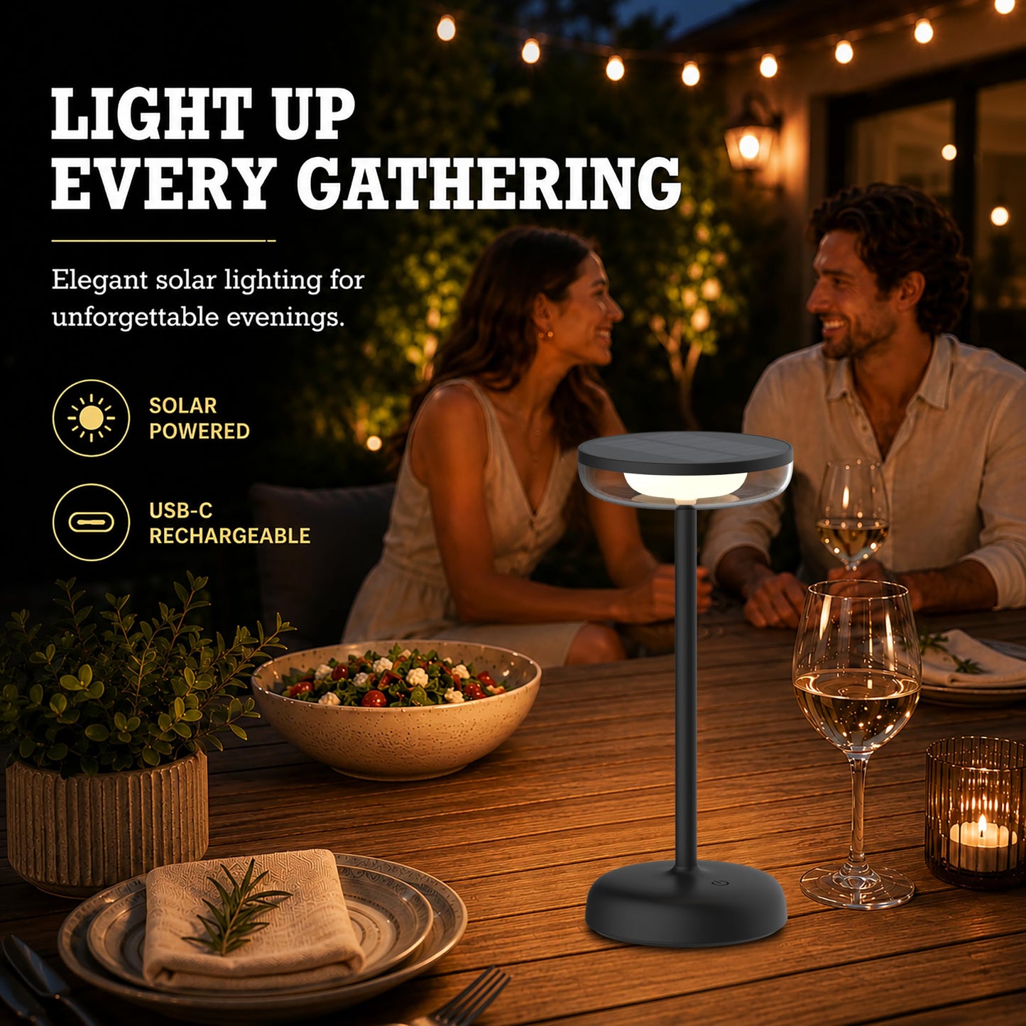 VerLuce Cocktail Style Solar Table Lamp - Cordless LED Light with USB-C Charging, Dimmable Warm 2700K Glow, Weather Resistant for Indoor/Outdoor Use