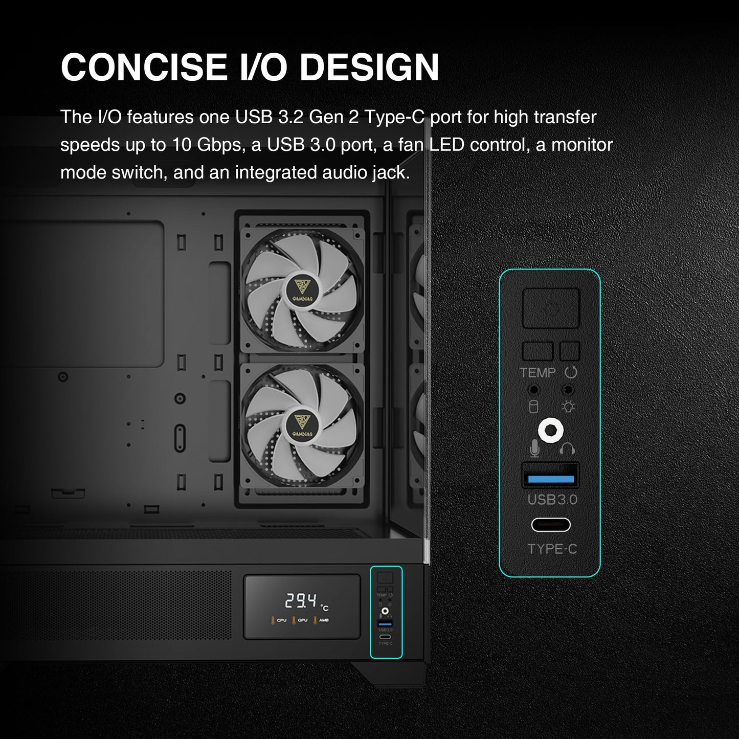 GAMDIAS Mid Tower Gaming Computer Case w/Display& App, ATX Tempered Glass PC Case, Built-in 3X 120mm ARGB PWM Fans, Up to RTX 4000 GPU/VGA 410mm&