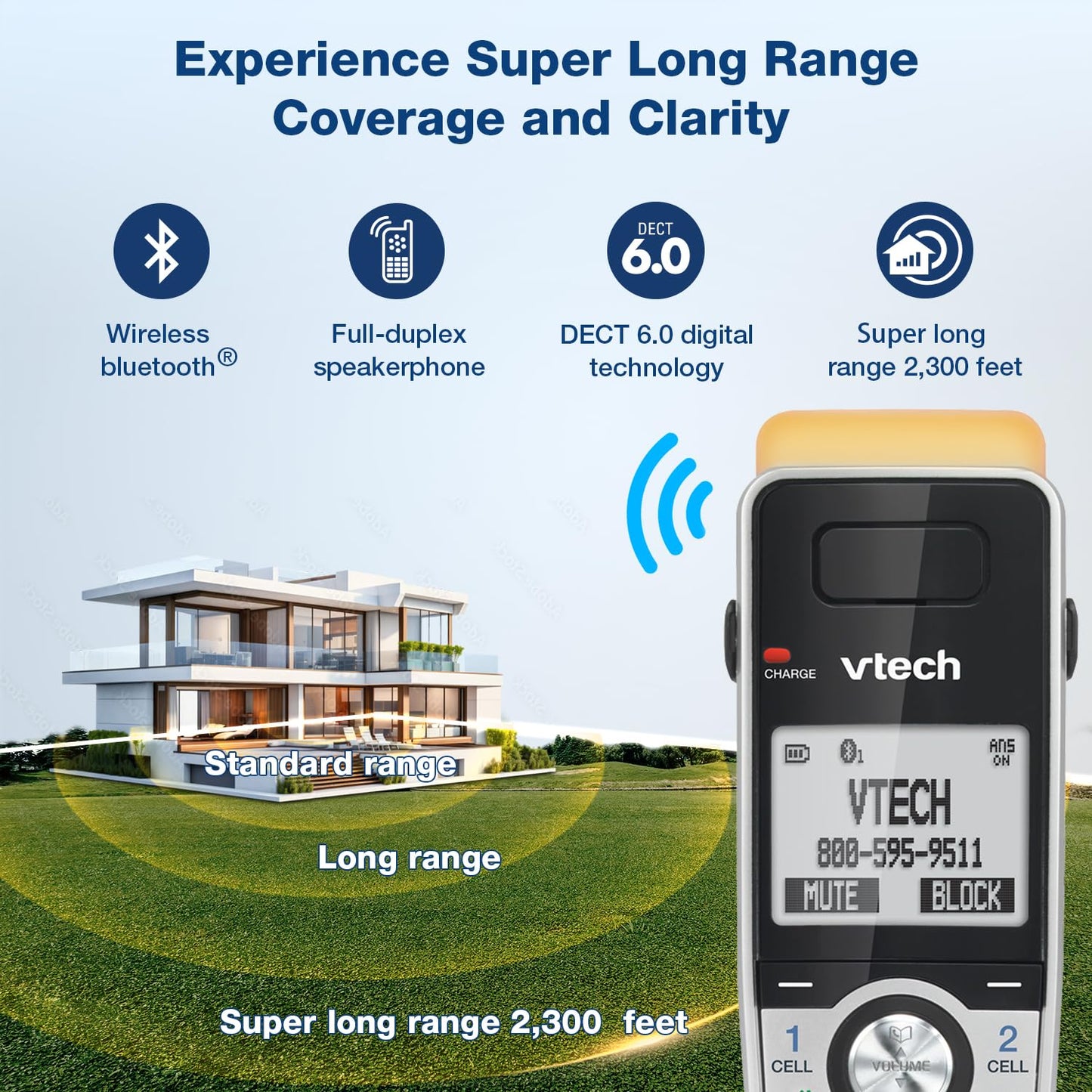VTech IS8151-4 Super Long Range 4 Handset Cordless Phone for Home with Answering Machine, 2300 ft Range, Call Blocking, Bluetooth, Headset Jack, Power