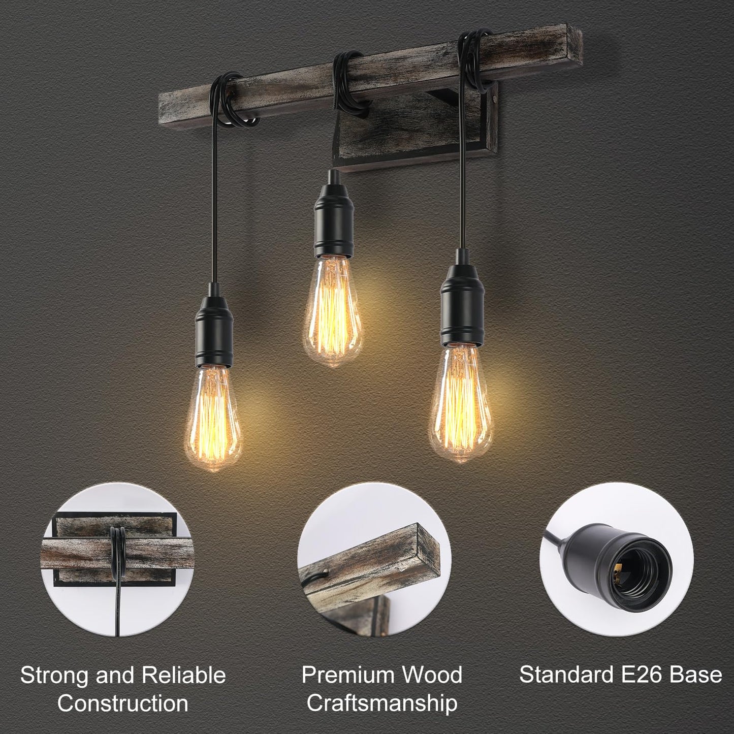 LMSOD 3 Lights Vintage Wall Sconce, Farmhouse Industrial Bare Bulb Wire Wrapped Wood Beam Linear Bathroom Vanity Light
