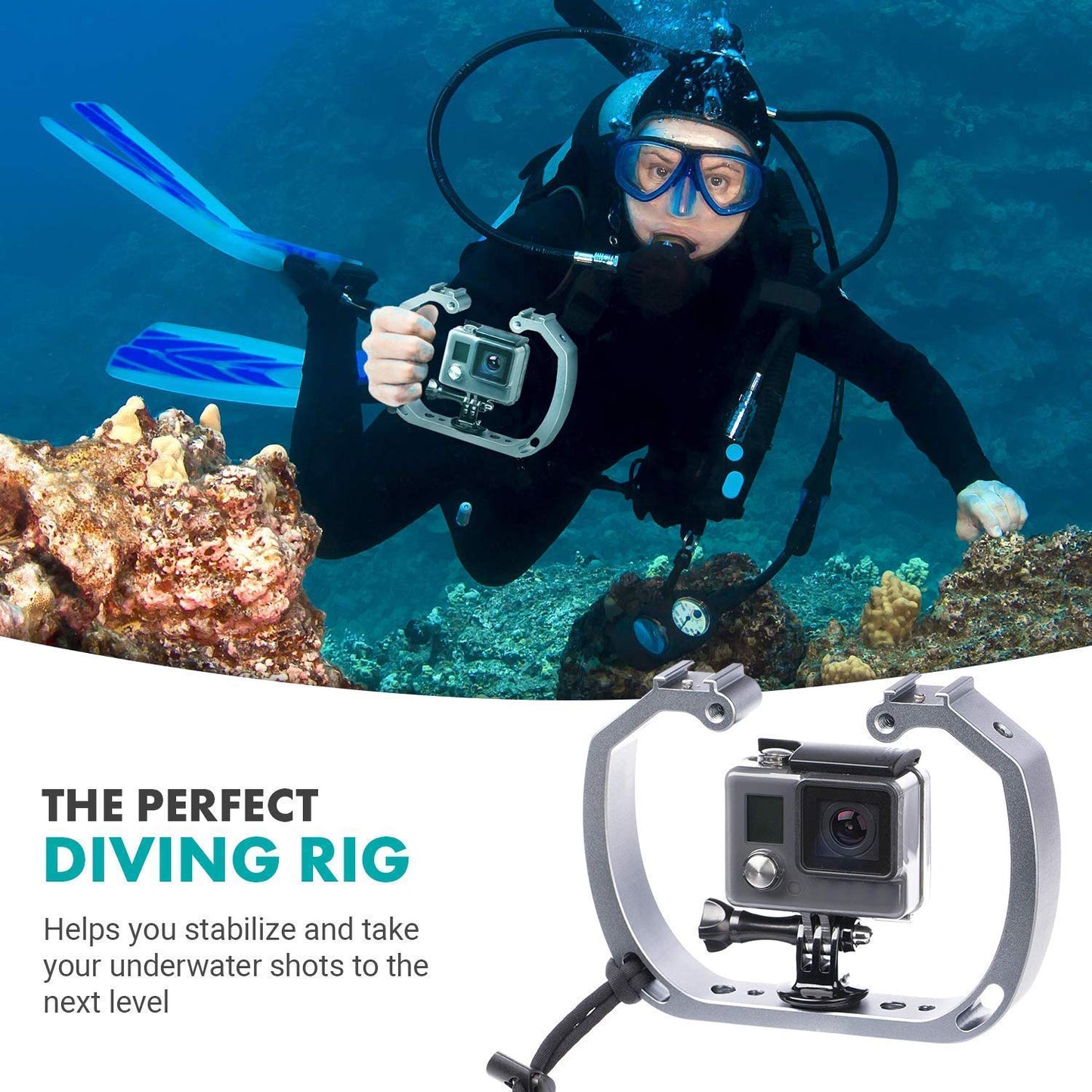 Movo GB-U70 Underwater Diving Rig for GoPro Hero with Cold Shoe Mounts, Wrist Strap - Works with HERO3, HERO4, HERO5, HERO6, HERO7, HERO8, Osmo Action