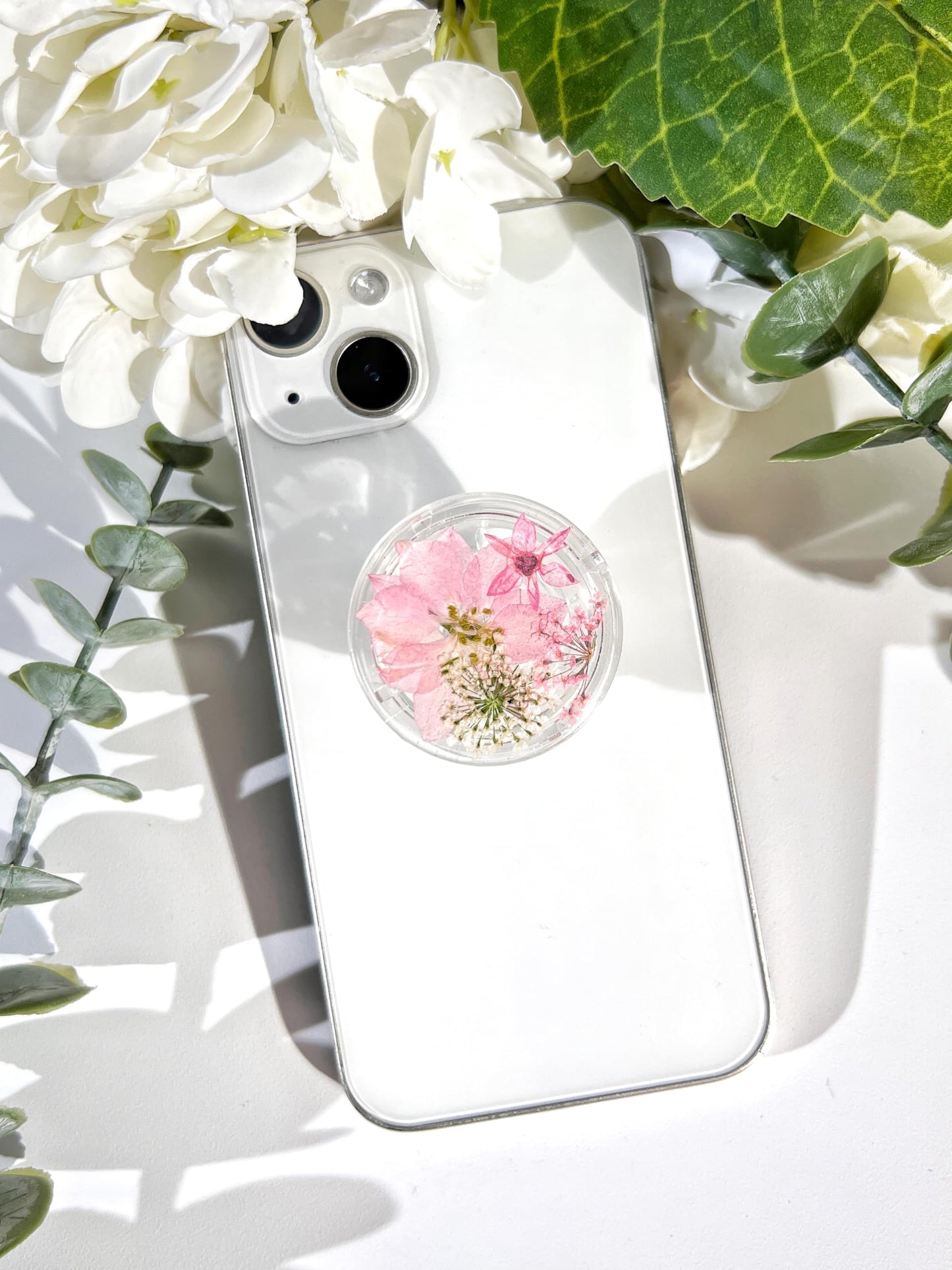 Petite Pressed Pink Flowers Phone Grip,Handmade Dried Flowers Clear Phone Stand, Expanding Cell Phone Charms Accessory, Interchangeable Kickstand