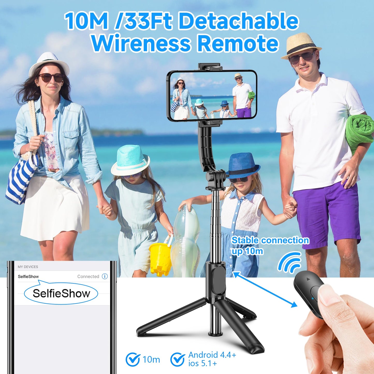 SelfieShow Selfie Stick, Extendable Selfie Stick Tripod with Wireless Remote and Tripod Stand, Portable, Lightweight, Compatible with iPhone 17 16 15
