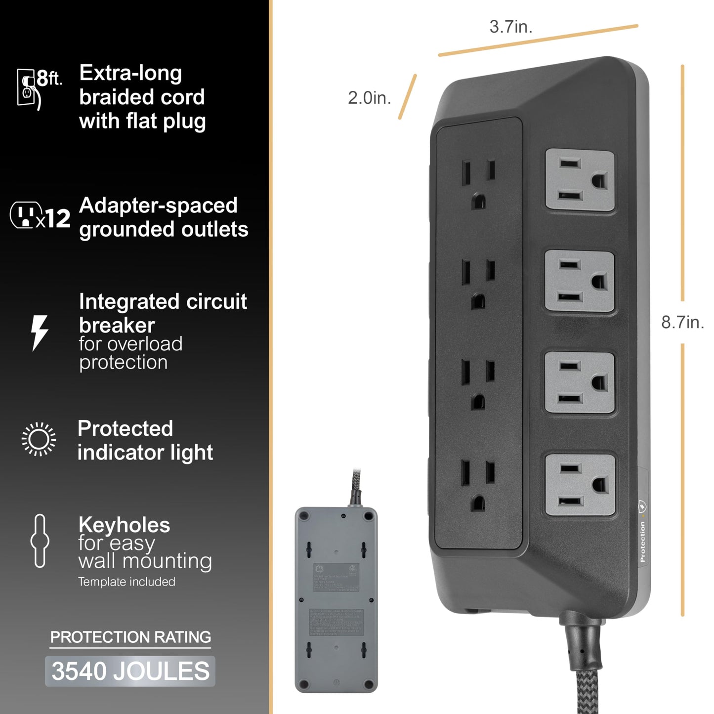 GE UltraPro 12-Outlet Surge Protector, 8 Ft Braided Extension Cord, Multi Plug Outlet Extender, Adapter Spaced, Flat Plug, for Home, Office, Dorm