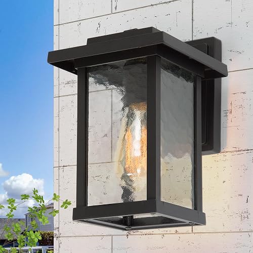 GEPOW Black Outdoor Wall Lights, Modern Farmhouse Porch Lights Outdoor Wall Mount with Water Ripple Glass, Waterproof Anti-Rust Rectangular Exterior