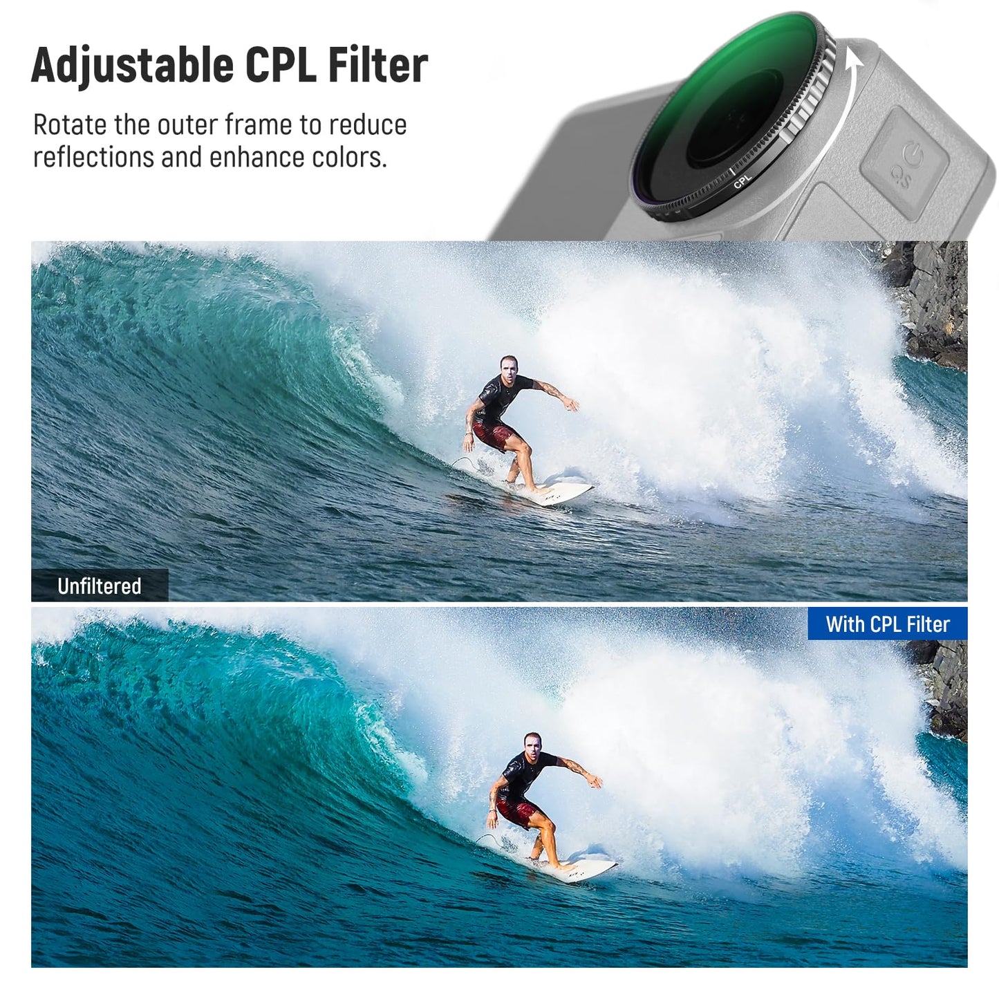 NEEWER Adjustable CPL Filter Compatible with DJI Osmo Action 5 Pro & Action 4, Screw On Circular Polarizing Lens Filter Multicoated HD Optical Glass