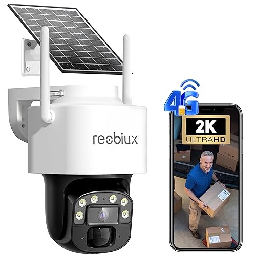 Reobiux 4G LTE Cellular Solar Security Cameras Wireless Outdoor, No WiFi Security Camera, 360° Live View, 2K Color Night Vision, PIR Detection, 2-Way