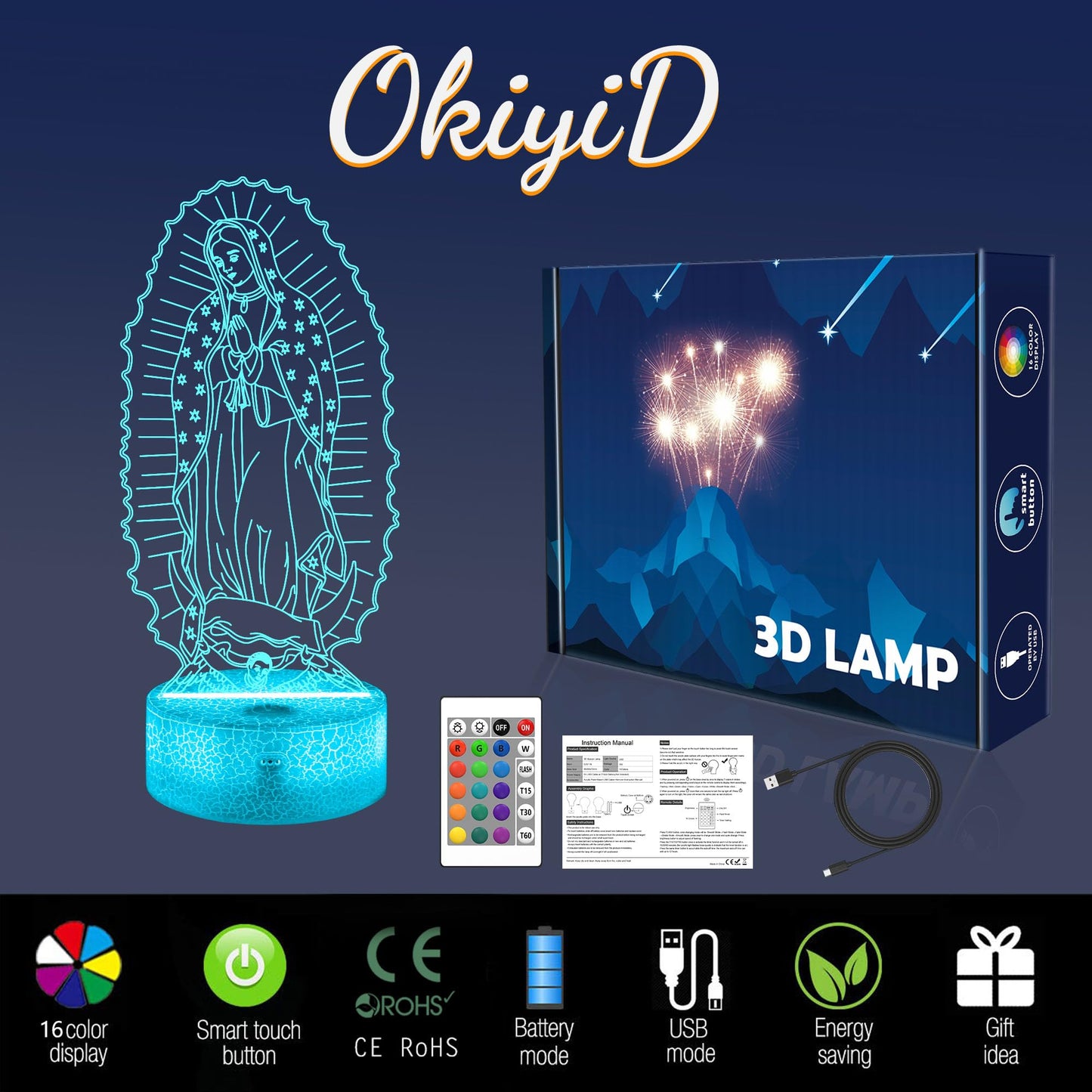 OkiyiD Catholic Gifts for Women, Virgin Mary 3D Illusion Lamp LED Night Light for Catholic Decor, Unique Religious Christian Believers Blessings Gift