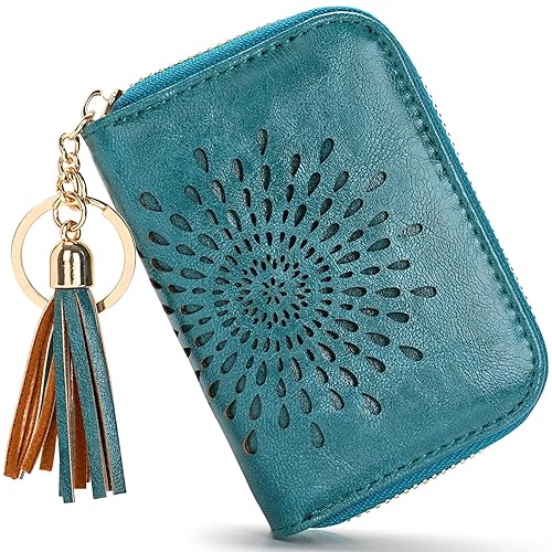 APHISON RFID Credit Card Holder Zipper Card Case Keychain Small Wallet for Women 1927 PEACOCK-BLUE