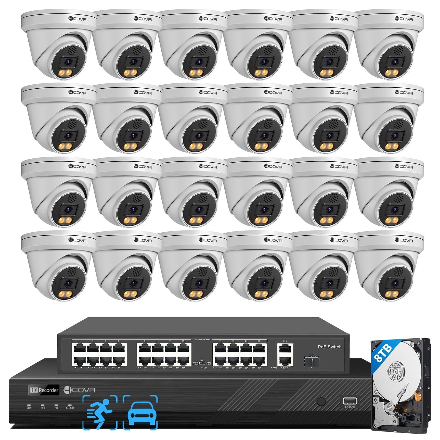 4COVR 32 Channel Security Camera System PoE 2-Way Talk & Dual Lights Smart Full Color Night Vision, AI Human Vehicle Detection, UHD NVR 8TB HDD, 24X