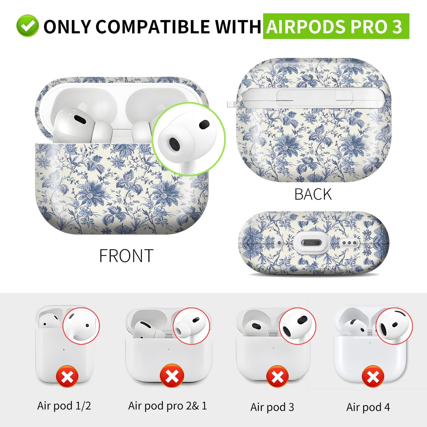 for AirPod PRO 3 2025 Case Shockproof and dustproof Wireless Earbuds case Cover with Golden Ring Keychain(Delicate Blue Flowers)