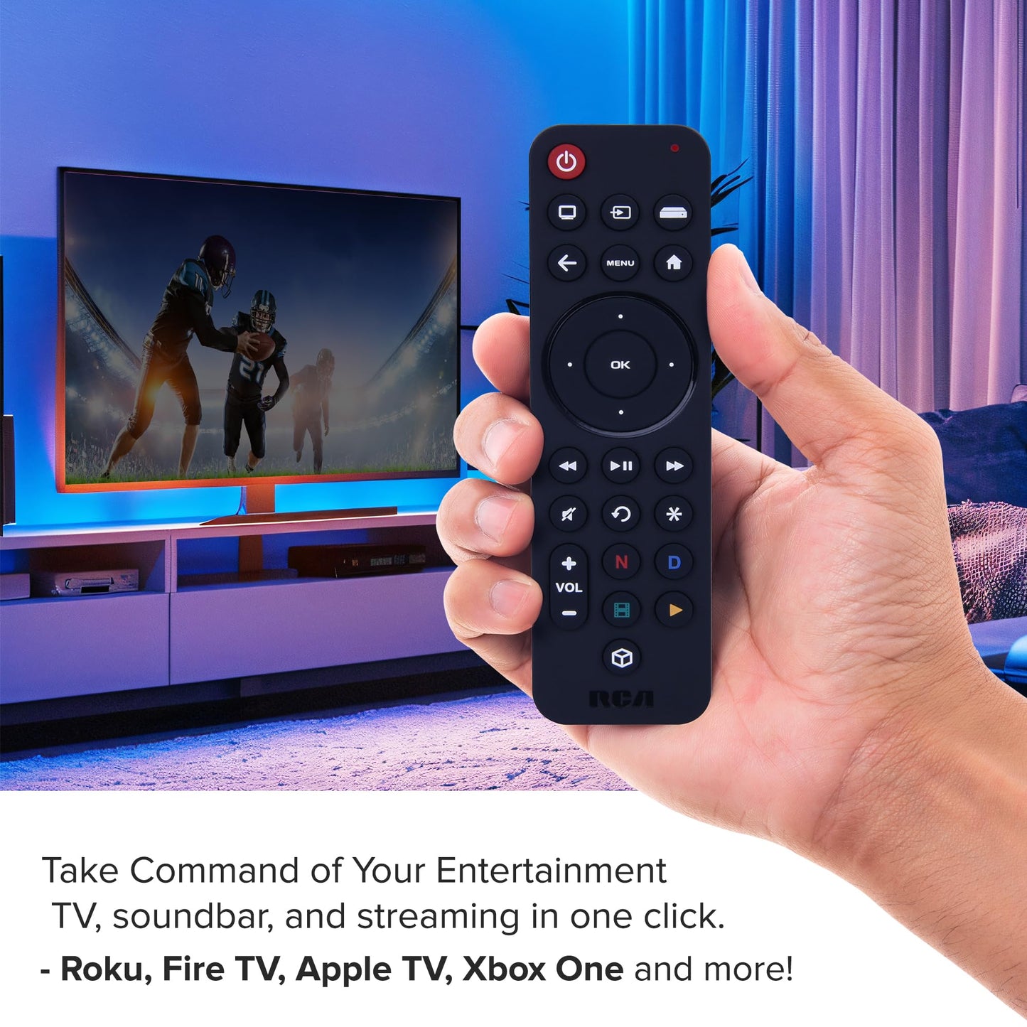 RCA Universal Streaming Remote Control, USB-C Rechargeable, 3-Device Compatible with Samsung, LG, Sony, Vizio TVs, Roku, Fire TV, Apple TV, Chromecast