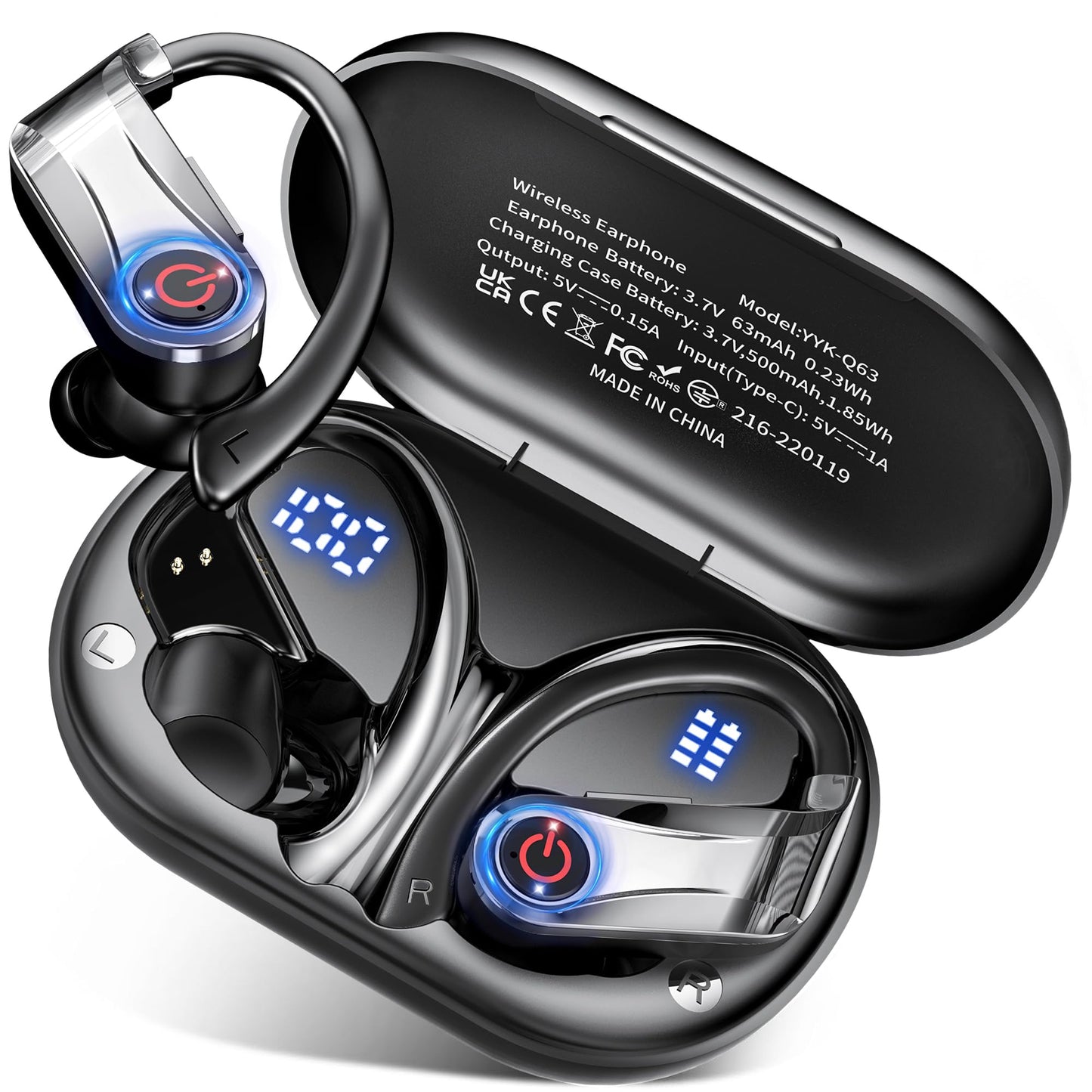 Bluetooth 6.1 Headphones True Wireless Earbuds 120hrs Playtime Wireless Charging Case, Digital Display Sports Ear Buds with Earhook Hi-Res Audio Clear