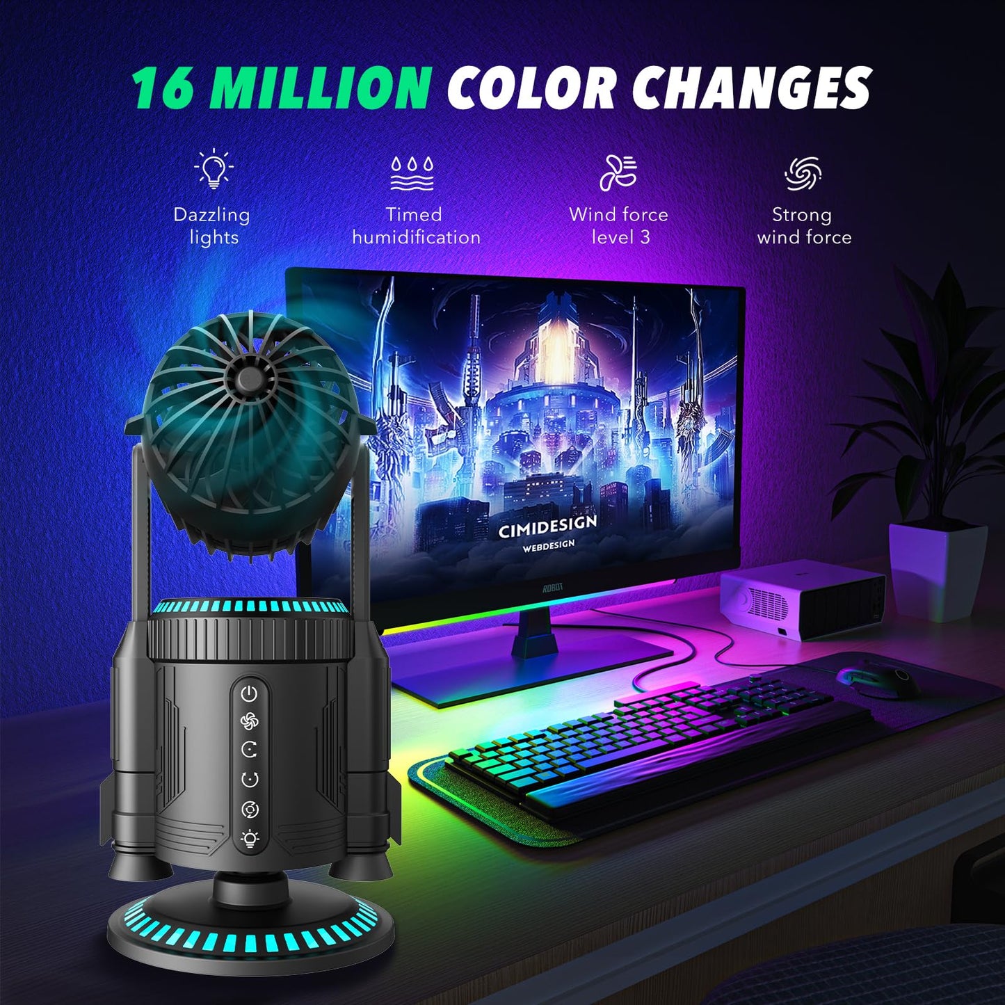 wiewoyakr Desktop Air Circulator Fan with 110° Vertical & 135° Horizontal Auto Oscillation,5000mAh,RGB Ambient Light & Mist Spray,Quiet USB Desk Fan