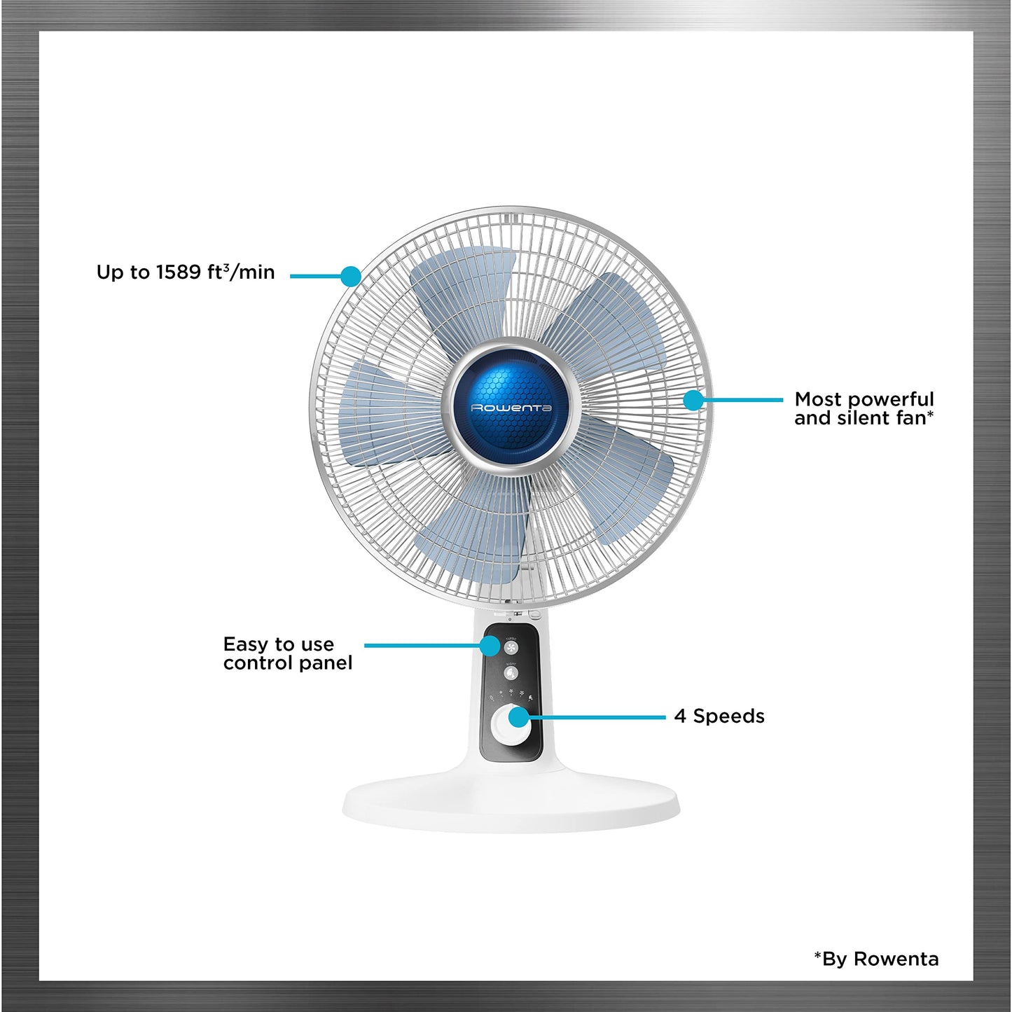 Rowenta, Desk Fan, Turbo Silence Table Fan, 12 Inches, Ultra Quiet Fan for Bedroom, Oscillating, Portable, 4 Speeds, Manual Turn Dial, White, Indoor