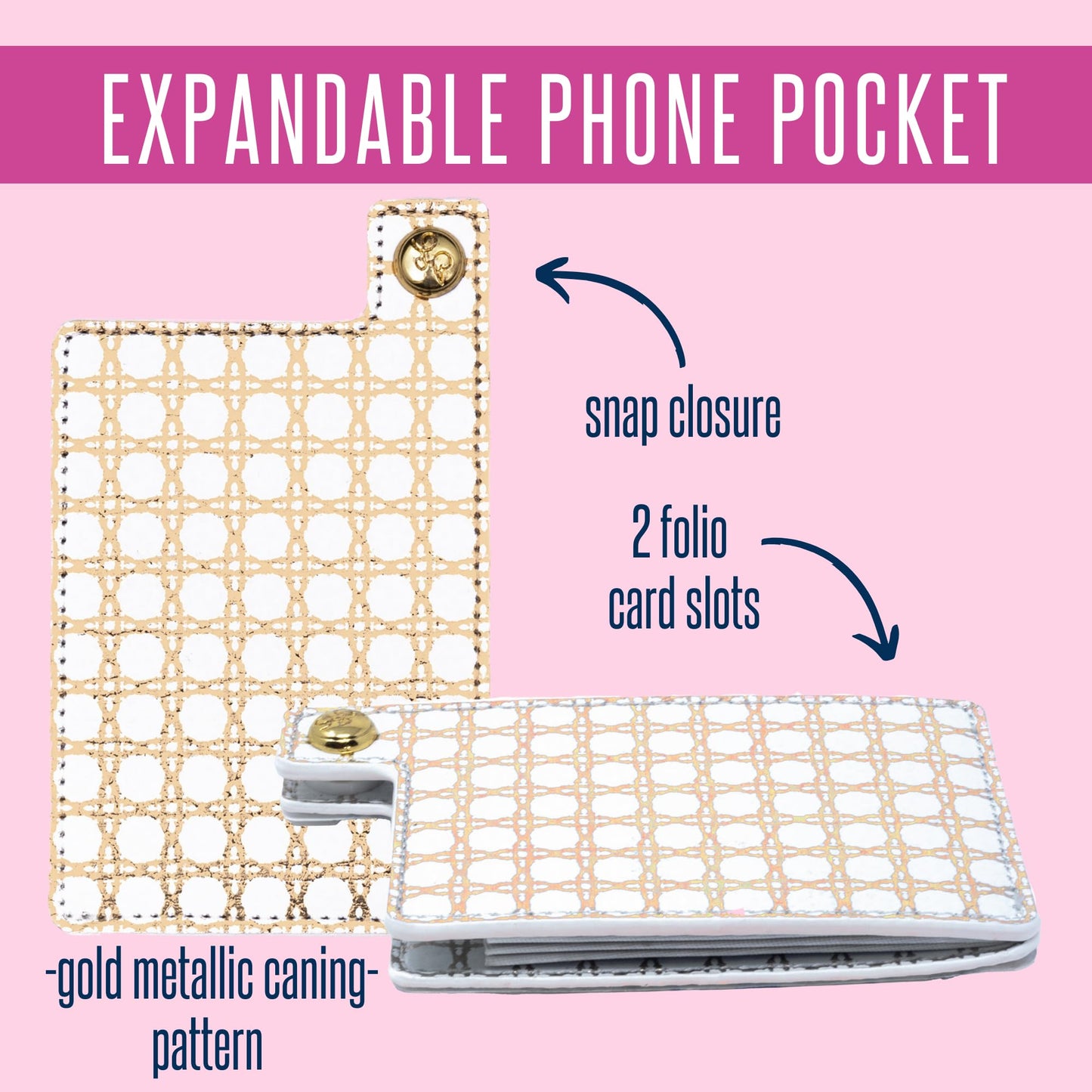Lilly Pulitzer Phone Pocket, Card Holder for Phone Case with Button Snap for Credit Cards and ID, Gold Metallic Caning