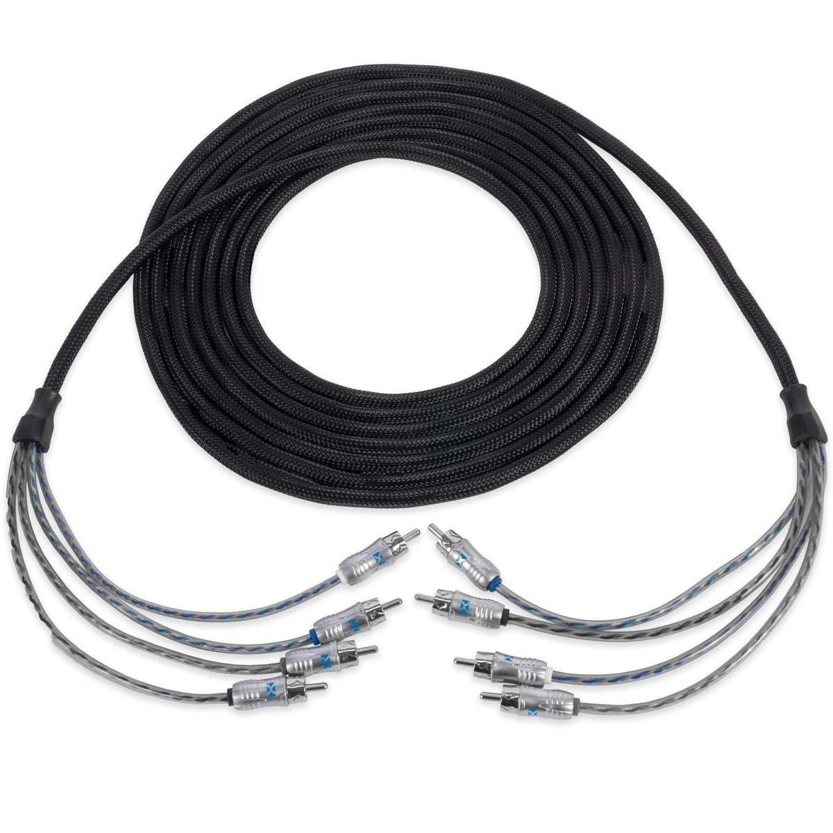 NVX® XIX45 16.4 ft (5 Meter) Oxygen Free Copper 4-Channel Double Twisted Pair X-Series Car Audio RCA Audio Interconnect Cable with Shielded Noise Reduction and Split-tip Silver-Plated Machined Ends