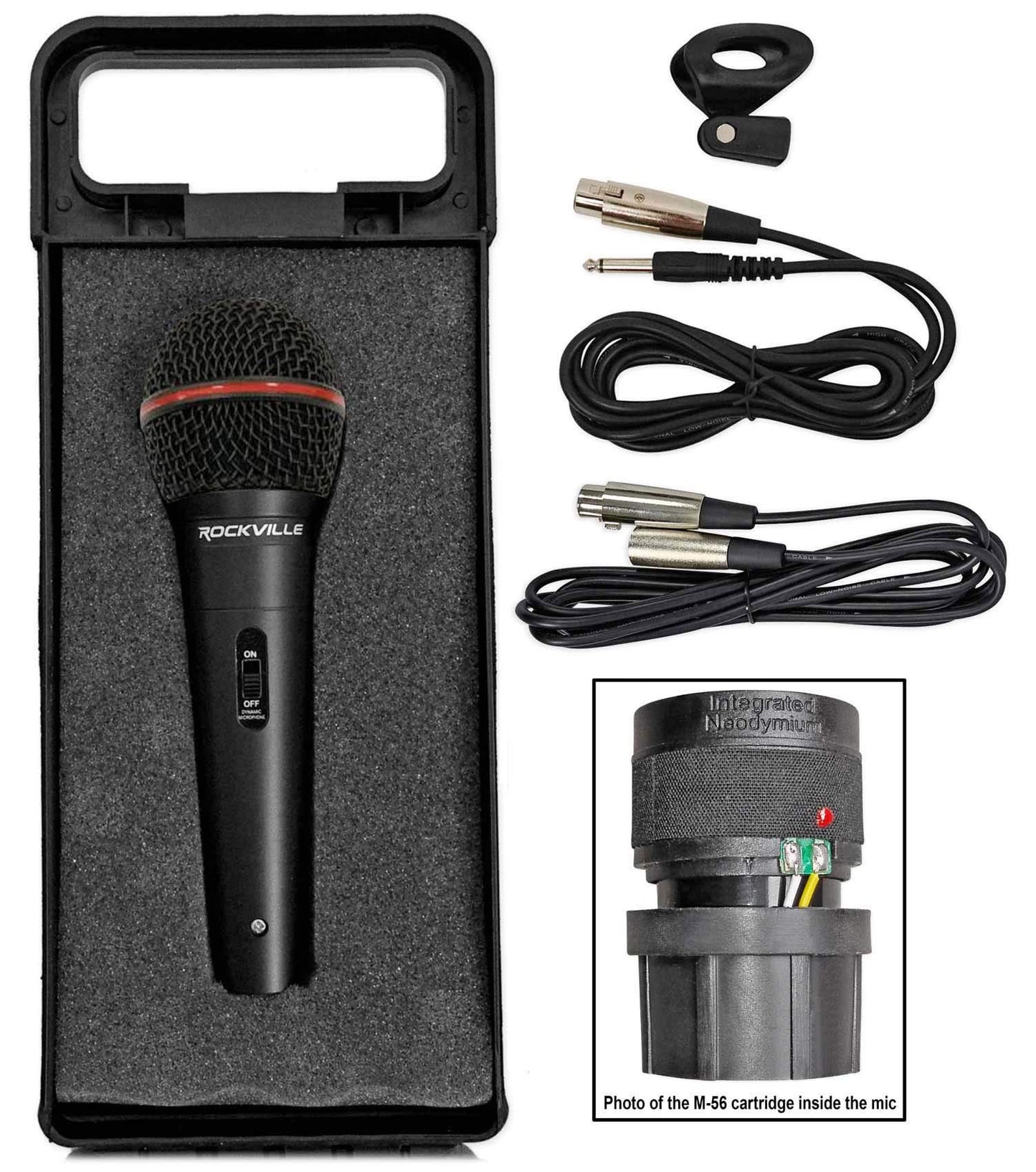 Rockville RMIC-SR Dynamic Handheld Microphone, 600 Ohms +/-30%, -72dB Sensitivity, M-56 Cartridge, Metal Body, OFC Copper Cables & Case, for DJ
