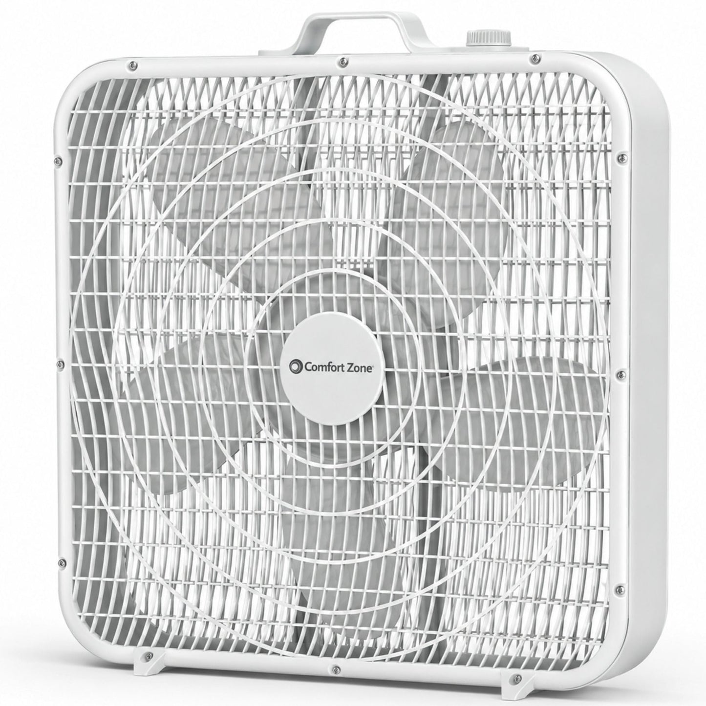 Comfort Zone Box Fan with Carry Handle, 20 inch, 3 Speed Full-Force Air Circulation Window Fan, Bedroom Floor Fan with 5 Blades, White Noise Cooling