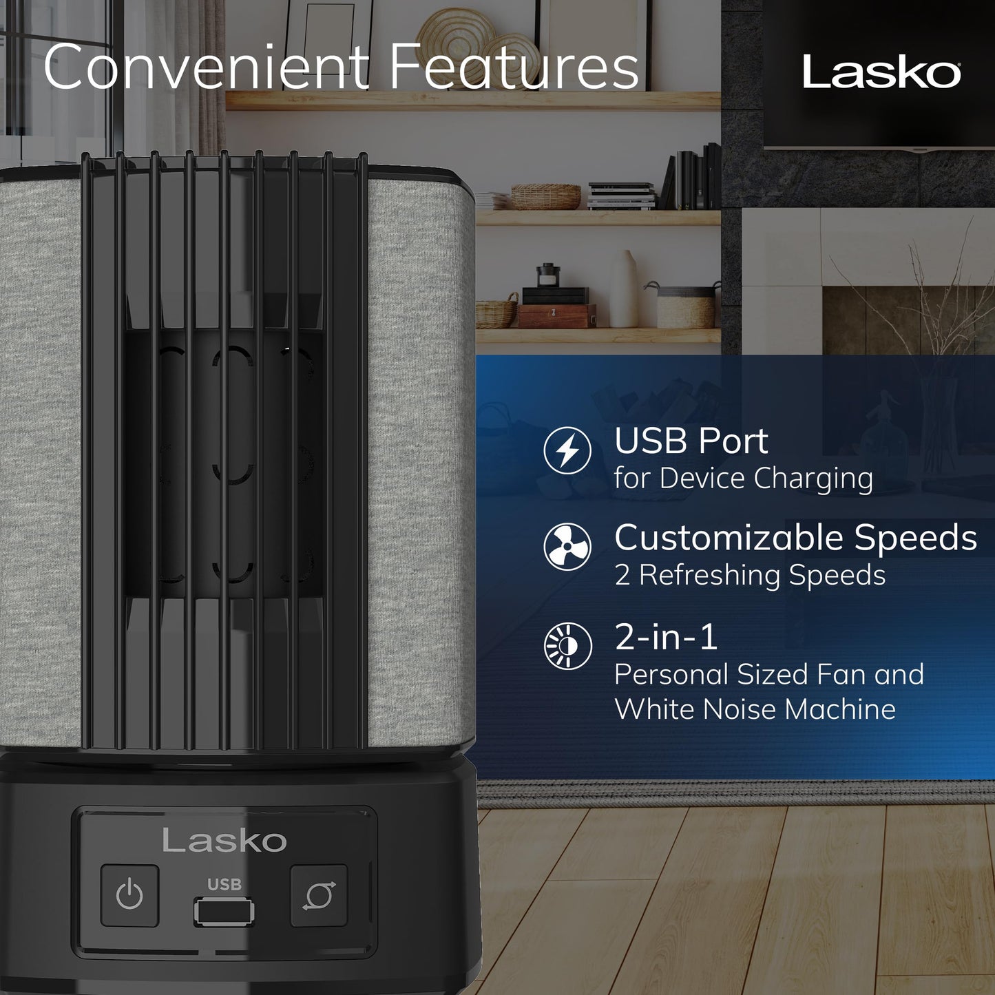 Lasko SlumberBreeze 2-in-1 Small Table Fan and White Noise Machine for Better Sleep in the Bedroom and Focus in the Home Office, Black, SB100