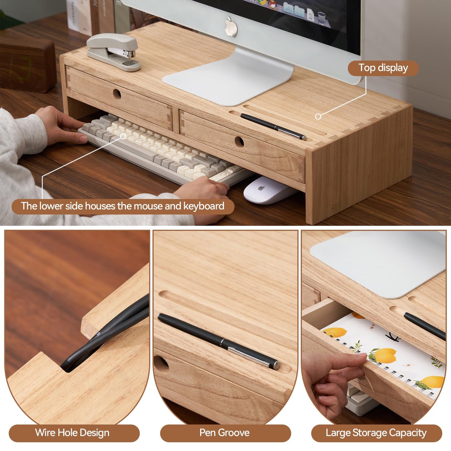 KIRIGEN Wood Monitor Stand with 2 Drawers - Computer Arm Riser Desk Storage Organizer,Speaker TV Laptop Printer Stand with Pen Slot and Cable