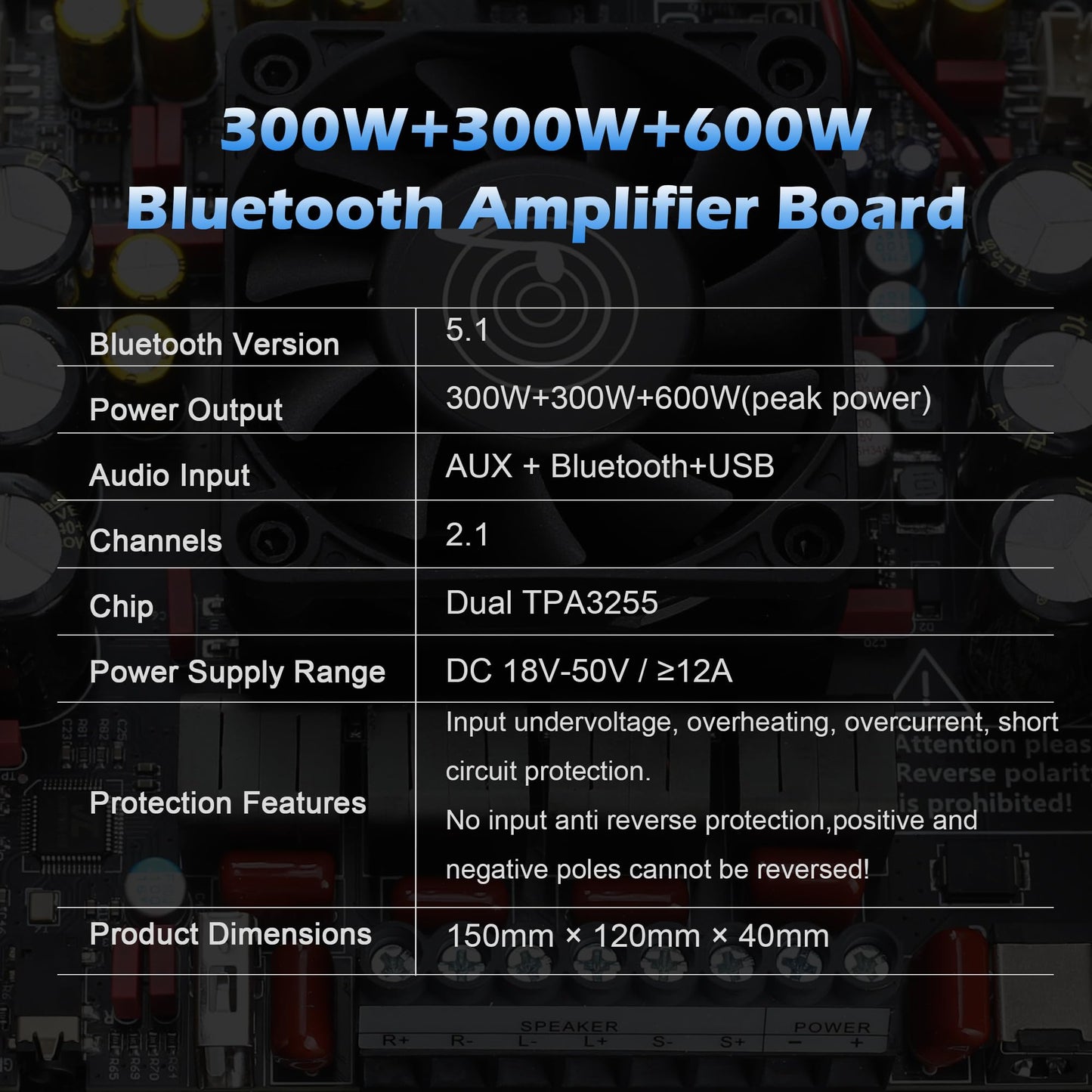 Wuzhi Audio ZK-AS21P Bluetooth Amplifier Board - 300W+300W+600W Output, 18-50V DC Wide Voltage Input, Vehicle Amplifier (External Potentiator)