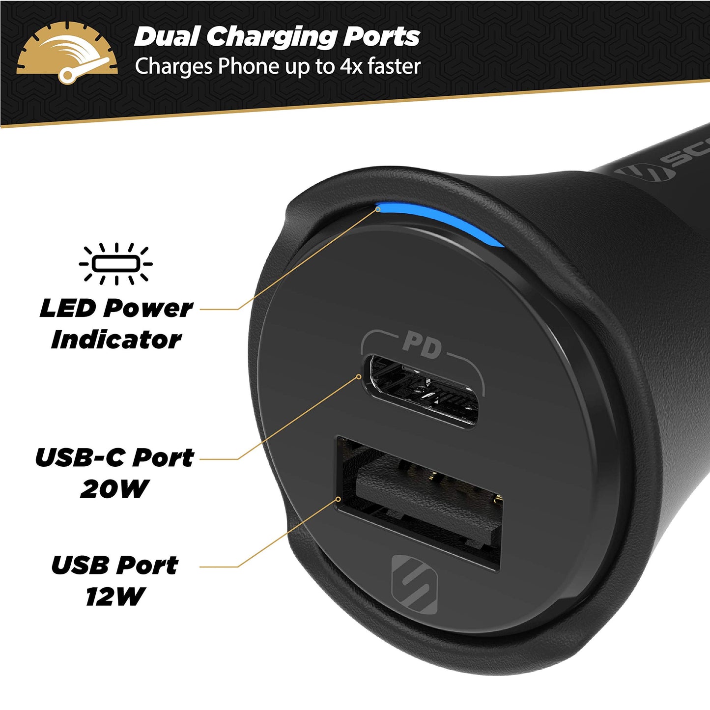 Scosche CPDCA32 PowerVolt 32Watt Certified USB Type-C & USB Type-A Fast Car Charger with Power Delivery 3.0 for All USB-C and USB-A Devices
