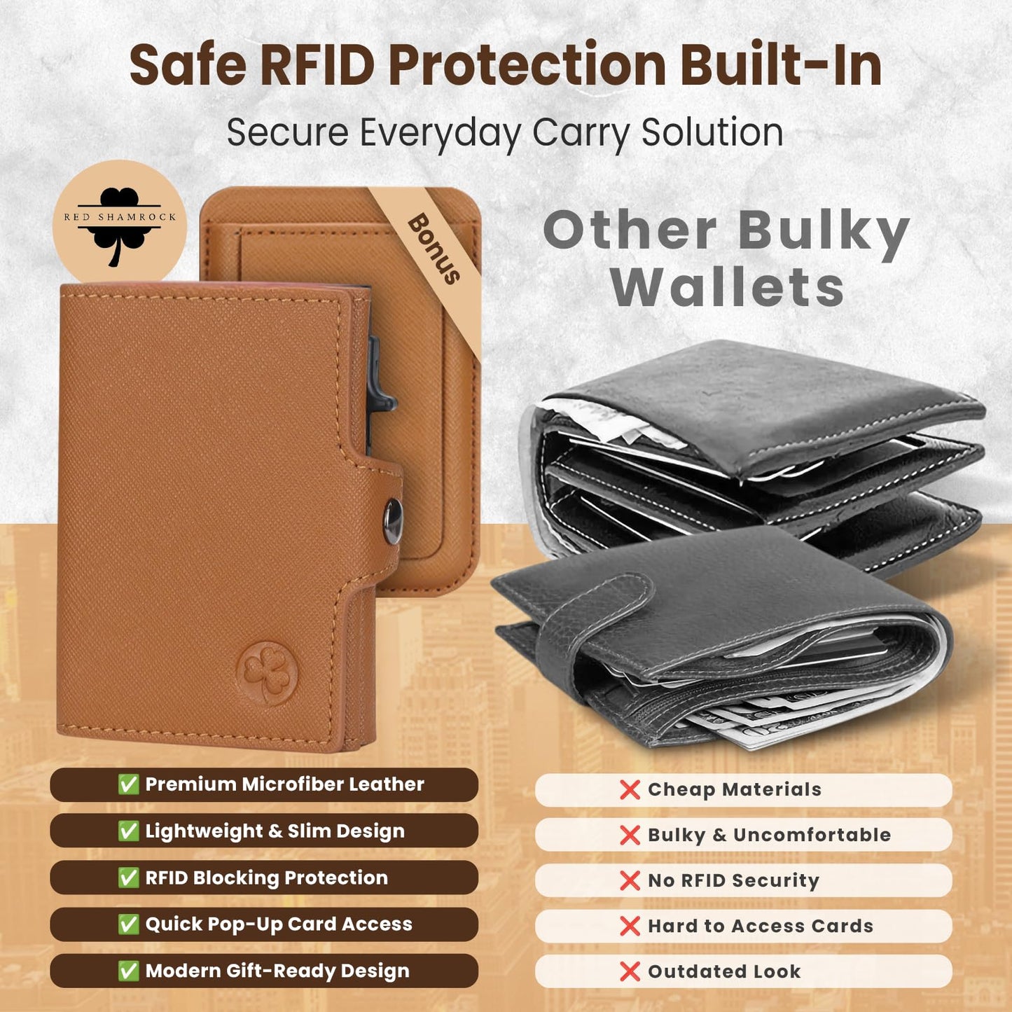 Red Shamrock RFID Blocking Pop Up Wallet for Men & Women - Microfiber Leather Trifold Credit Card Holder with Instant Card Ejector and Internal Cash