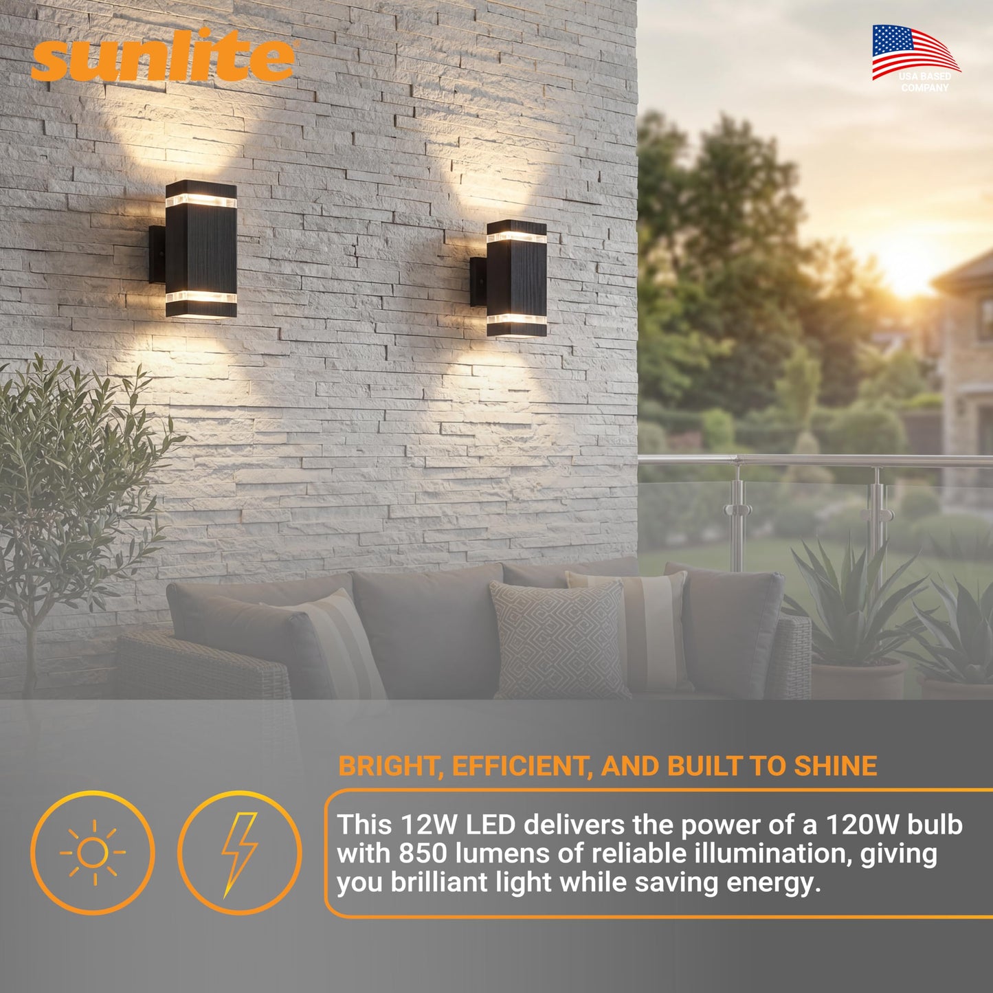 Sunlite LED Rectangle Up/Down Outdoor Wall Sconce Fixture, 12 Watts (120W=), Multi-Volt, 850 Lumens, Color Selectable 30K/40K/50K, 80 CRI, Dimmable