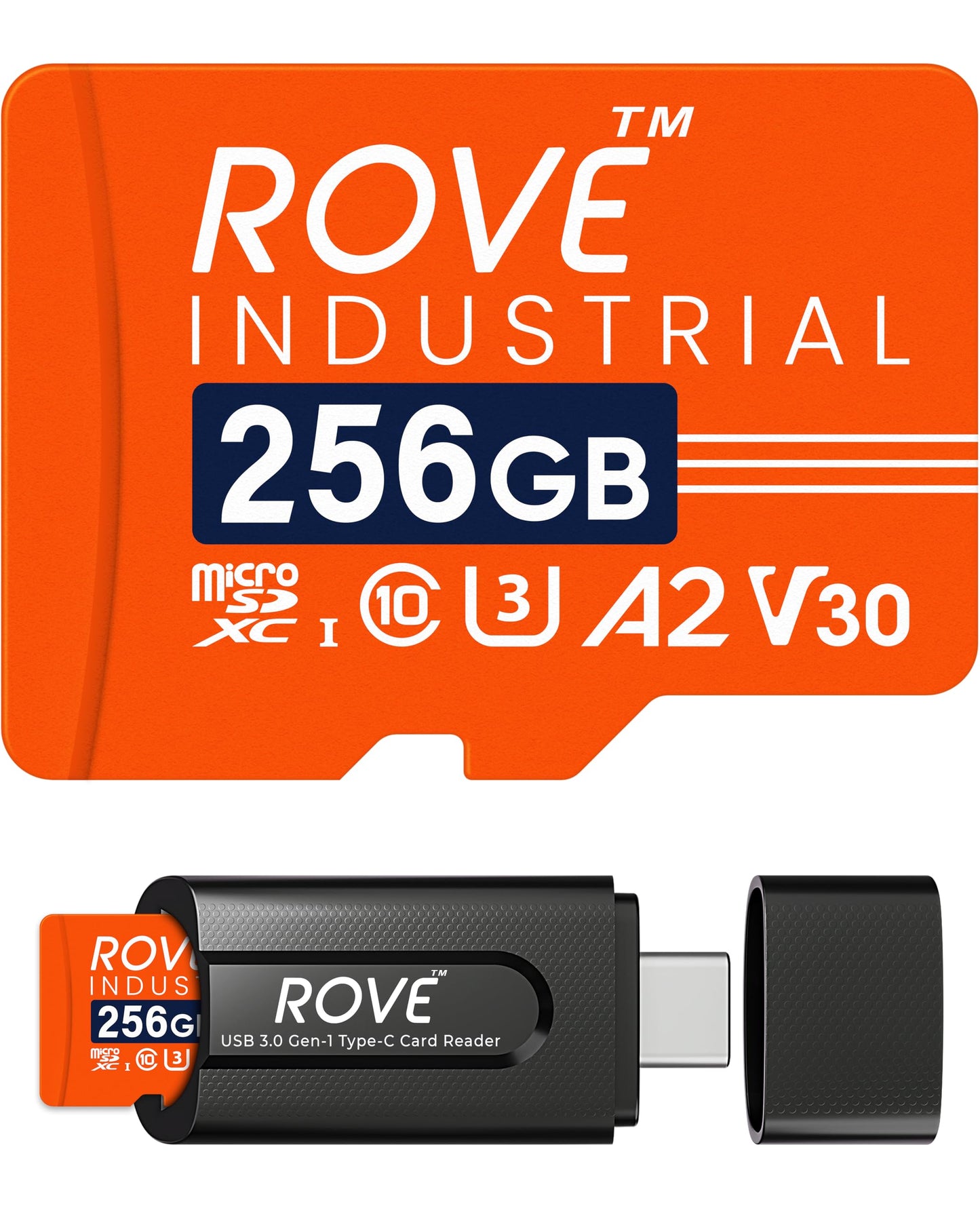 ROVE Industrial 256GB Micro SD Card with USB 3.0 Type C Card Reader, High Endurance microSDXC Memory Card 100MB/s Read Speed, C10, U3, V30, 4K, A2