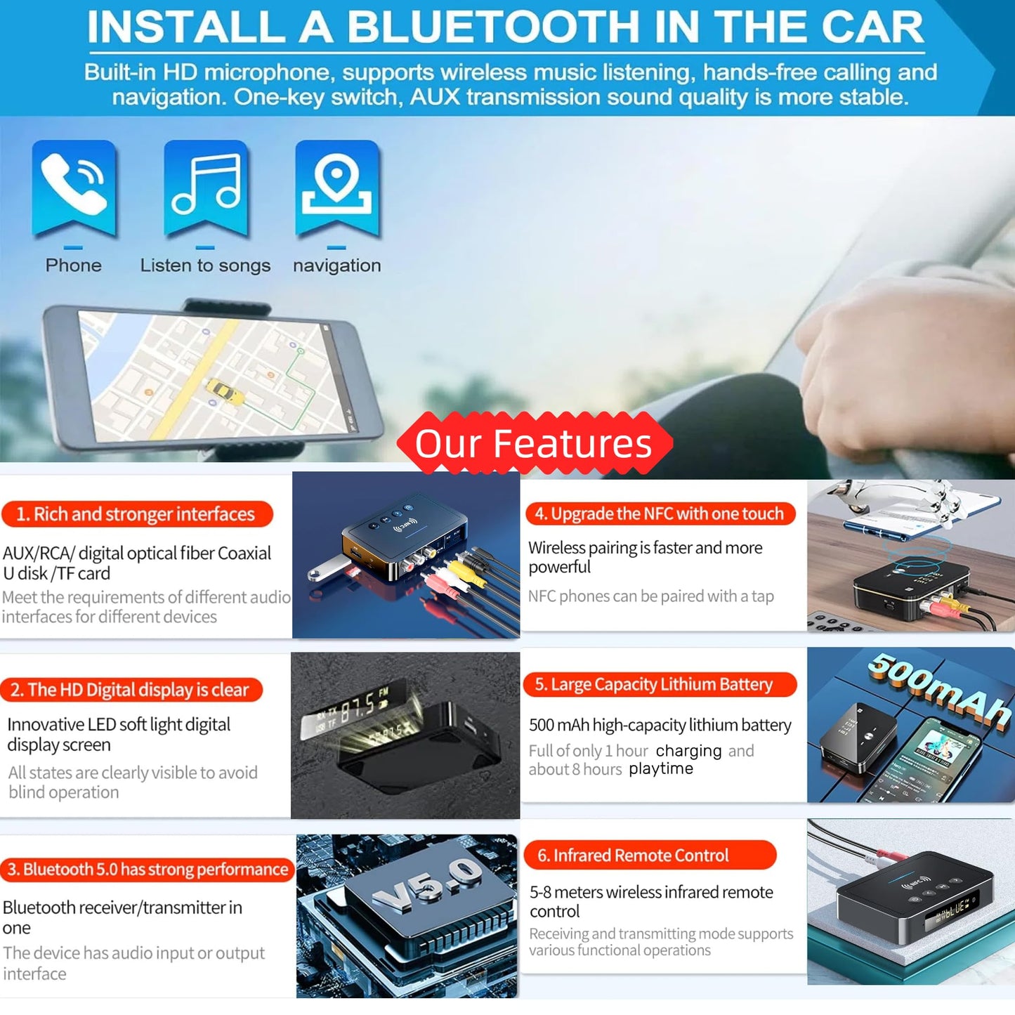 Bluetooth 5.0 Adapter, Bluetooth Transmitter and Receiver for Home Stereo Hi-Fi Audio with 3.5mm, RCA, Coaxial, Optical, NFC, Aptx-LL - for Home, Car