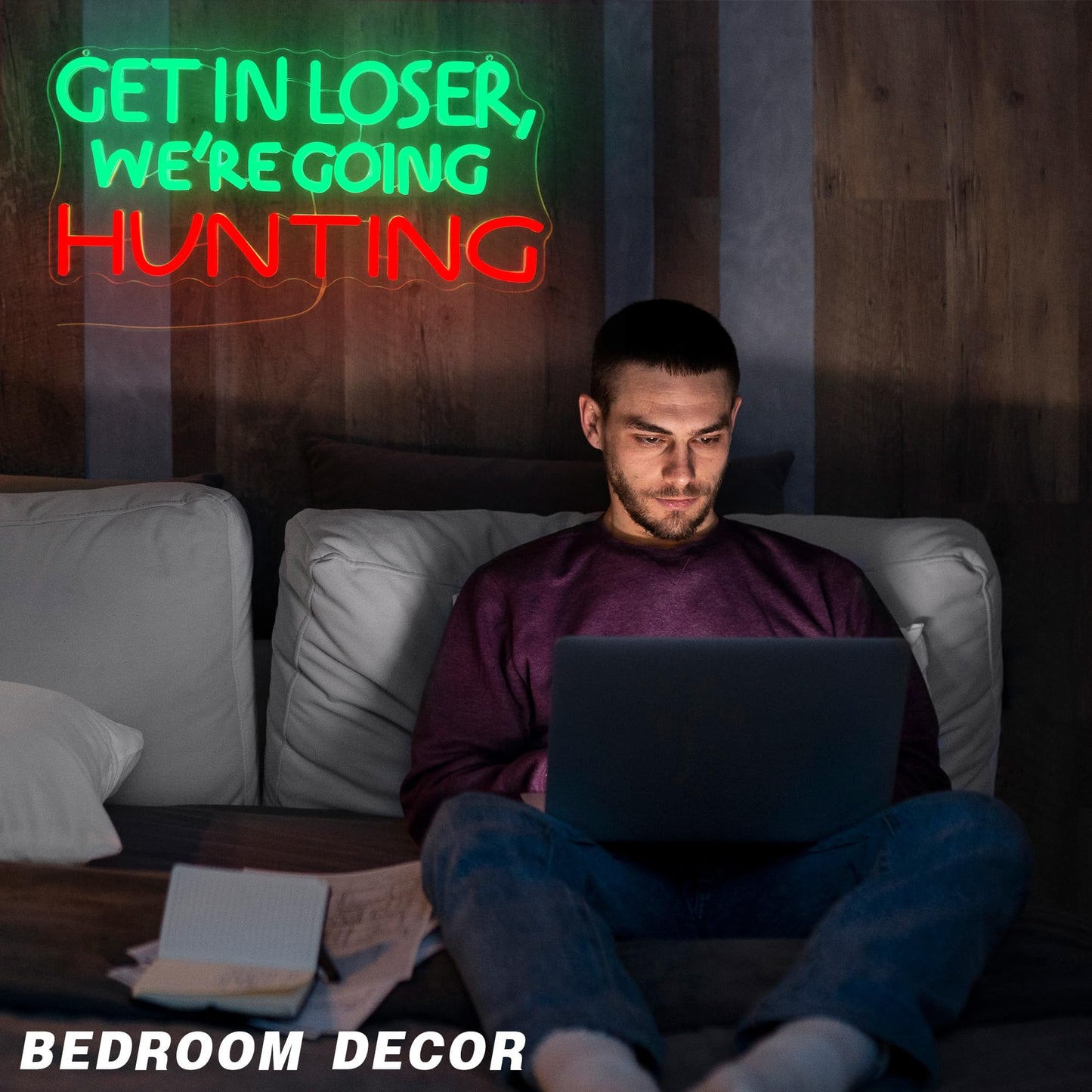 Funny Hunting Neon Sign - LED Light for Man Cave Garage, Country Outdoor Decor, Deer Hunter Wall Art Gift for Guys, Dimmable USB Powered(16.9 *