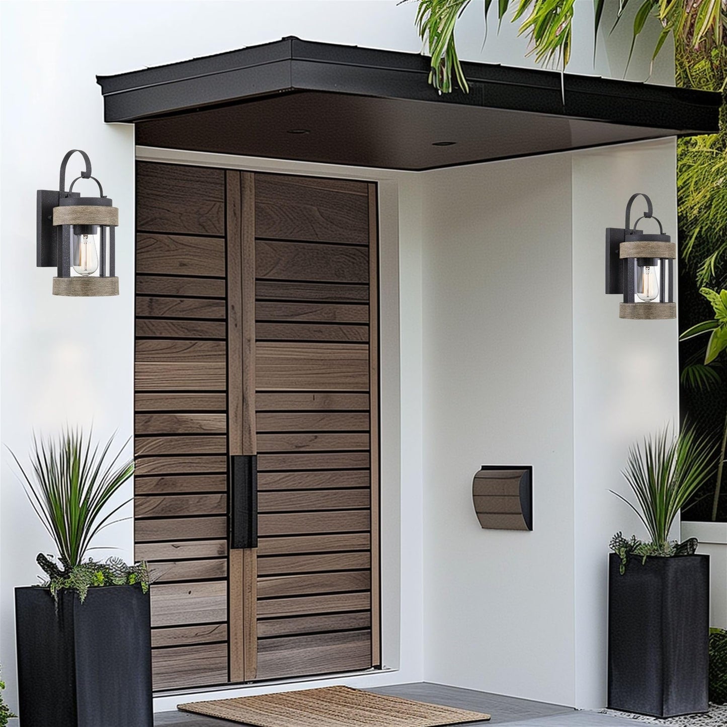 Kira Home Rochester 14" Modern Farmhouse Outdoor Wall Lantern with Clear Glass Shade, Hand-Painted Wood Grain Metal Exterior Wall Sconce, Weathered