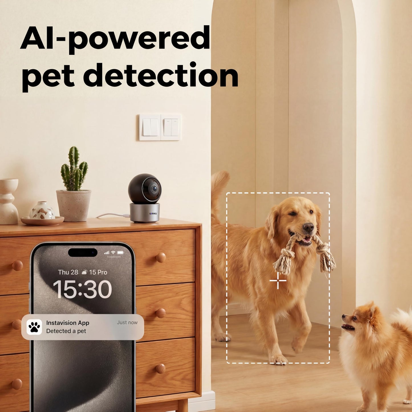 Sirwu AI Pet Camera Indoor with Phone App, Dog Camera with Speaker, Multi-Pet Recognition & AI Day Summary, 2K 3MP Cat Camera for Indoor, 360° Auto