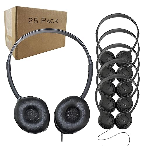 Soundnetic SN313 Bulk Classroom Headphones 25 Pack - Over The Head Stereo Headphones with Leatherette Earpads, Black - Ideal for Schools